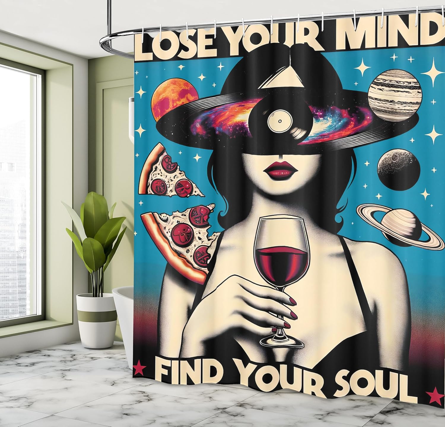 Ambesonne Vintage Shower Curtain, Galaxy Themed Retrospective Lose Your Mind Lettering Woman Vine Mars, Cloth Fabric Bathroom Decor Set with Hooks, 69" W x 84" L, Eggshell Black Multicolor