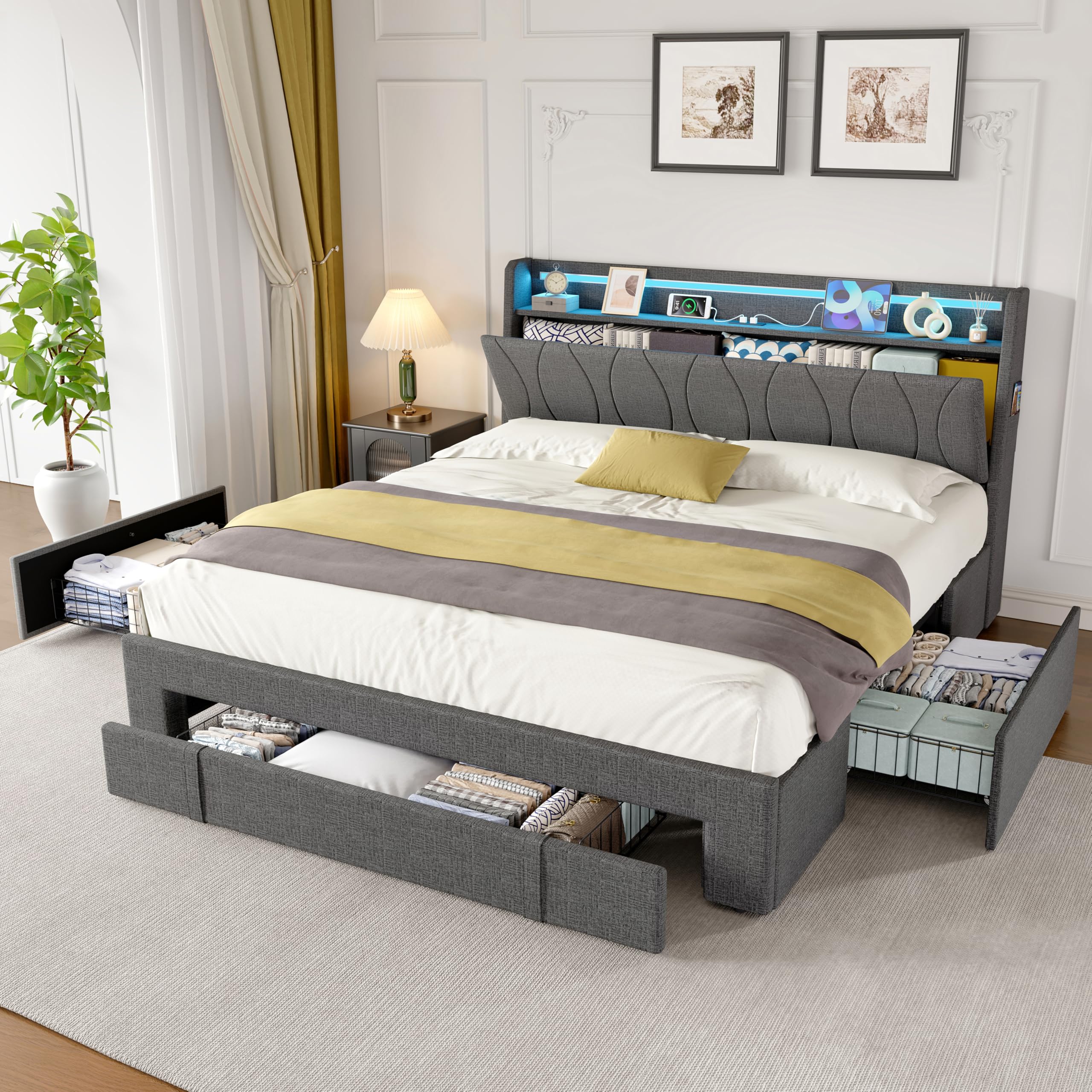 BTM 4ft6 Upholstered Double Bed Frame with Drawers, LED Headboard and Charging Station Storage Bed Grey Linen (No Mattress)