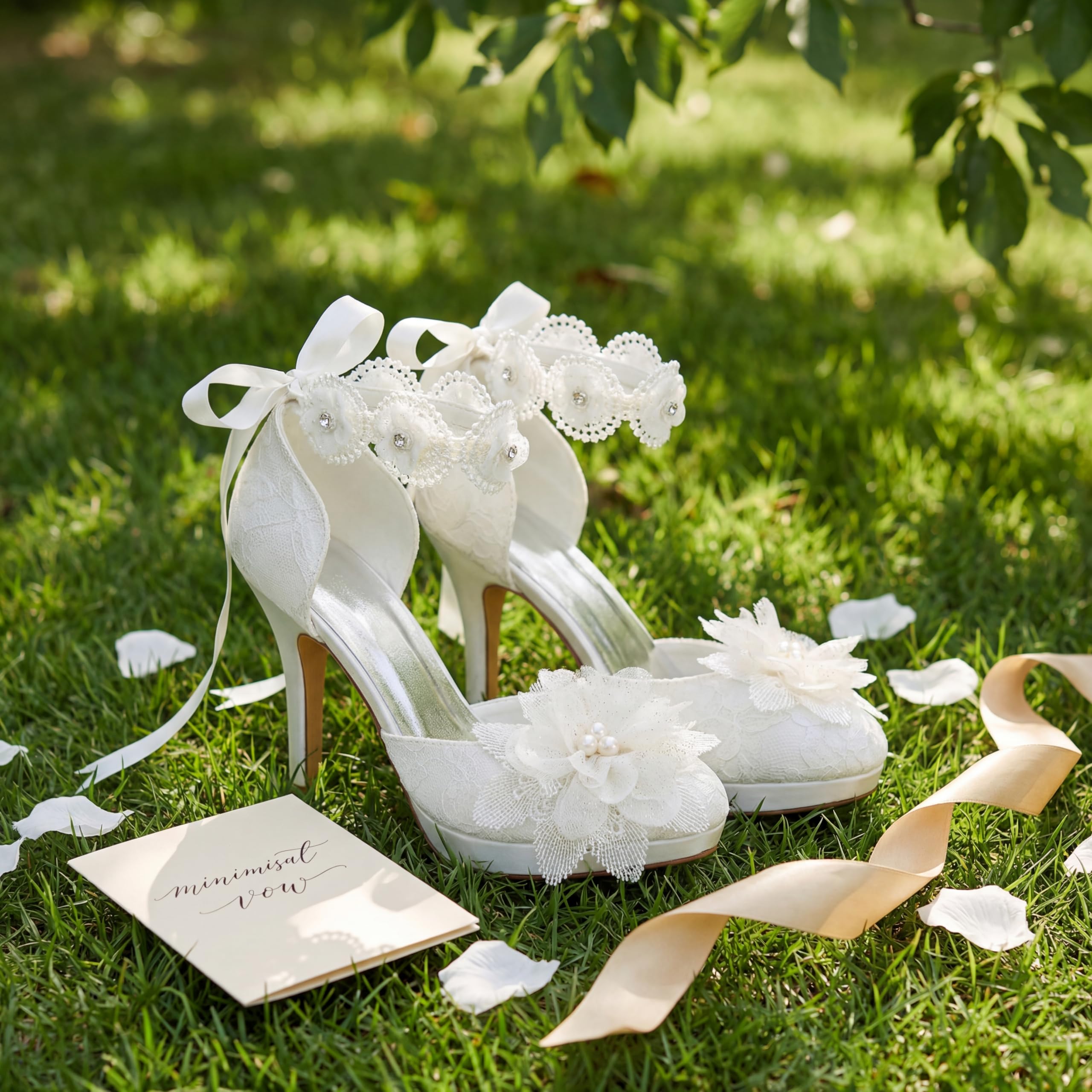 JIAJIA 3703L Scarpe da Sposa da Donna Punta Chiusa 10cm Tacco a Spillo Pizzo Satinato Piattaforma Pompe Raso Fiore Cravatta a Nastro Scarpe da Sposa