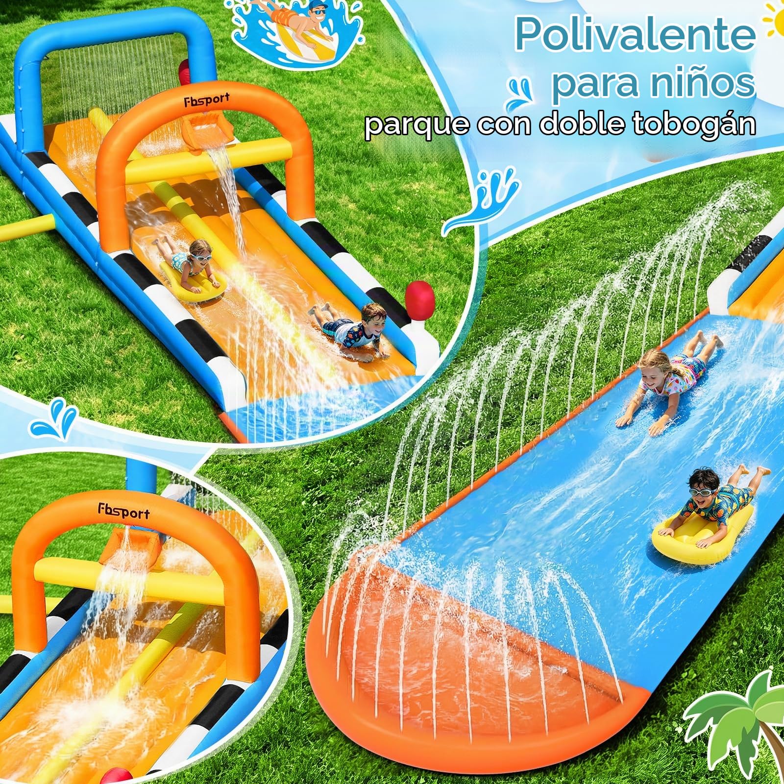 FBSPORT 10M Castillo Hinchable para Niños, Tobogán Acuático de 2 Carriles, Parque Acuático Hinchable para Jardín con Aspersores y 2 Tablas, Juguete de Verano Infantil