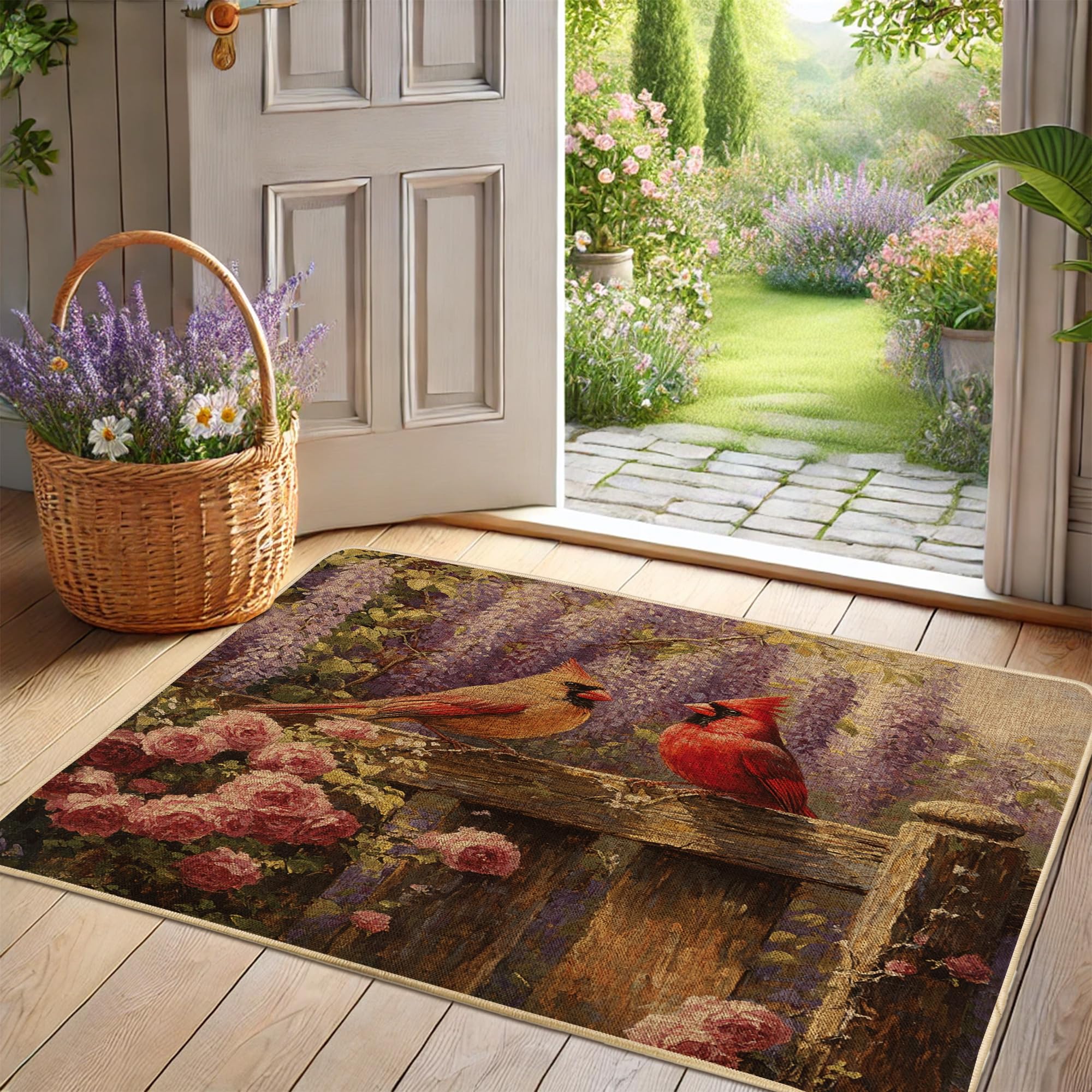 Spring Cardinal Door Mat, Red Bird Welcome Mat for Indoor & Outdoor Entrance Rustic Decor, Rubber Waterproof Non-Slip Dust Absorbent Front Doormat,