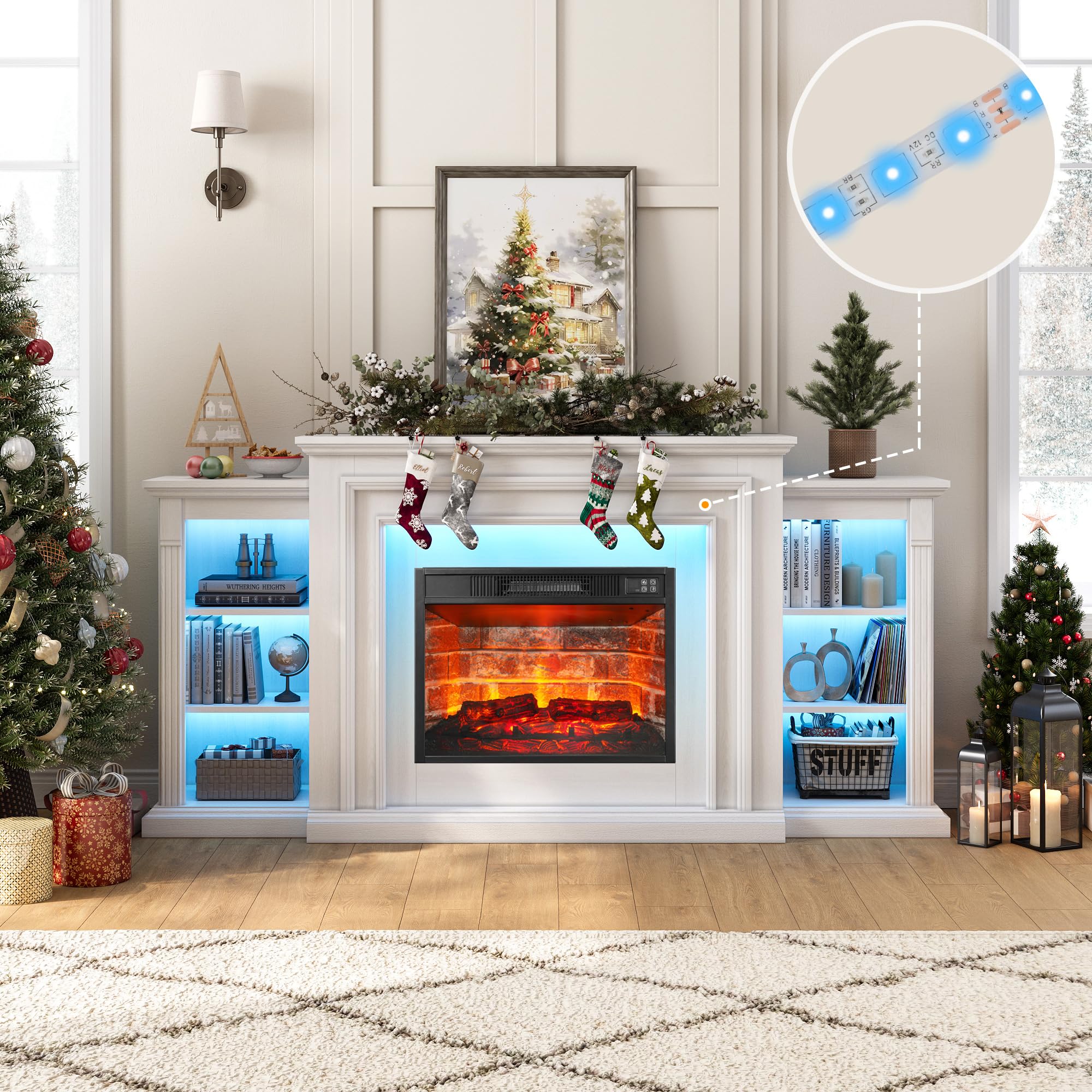 72" LED Electric Fireplace with Mantel, Fireplace TV Stand for 80 Inch TV, Entertainment Center w/23'' Red Brick Fireplace, Delicate Three-Dimensional Molding Stand w/Storage for Living Room