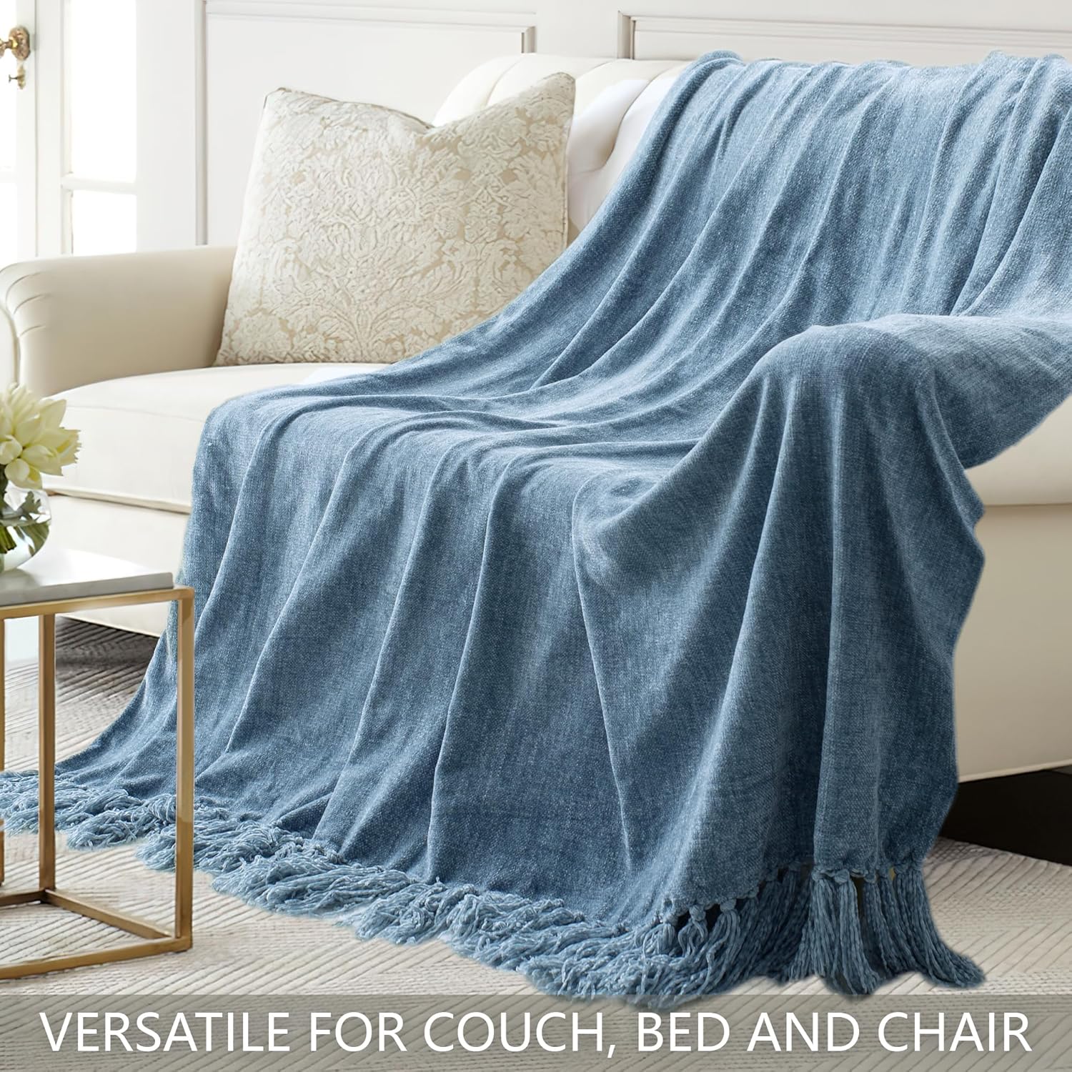 Chenille Throw Blanket for Couch 50"X 60", Soft Cozy Throws with Fringe Tassel for Bed Sofa Chair Cover, Lightweight Knitted Decorative Boho Blankets for Living Room, Dusty Blue - Image 4
