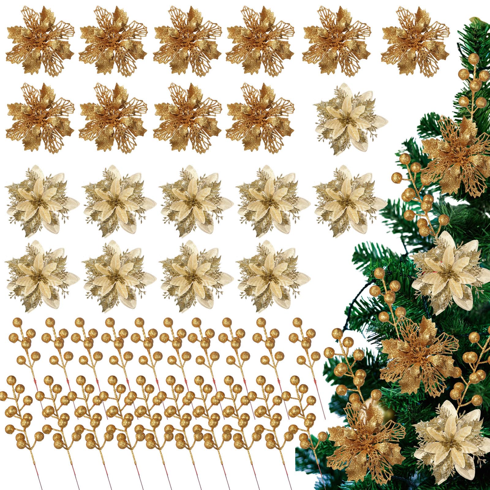 60 piezas de 4 estilos de bayas con purpurina para Navidad, flores artificiales de Pascua para árbol de Navidad, adornos de árbol de Navidad, coronas de Navidad, manualidades, decoración de