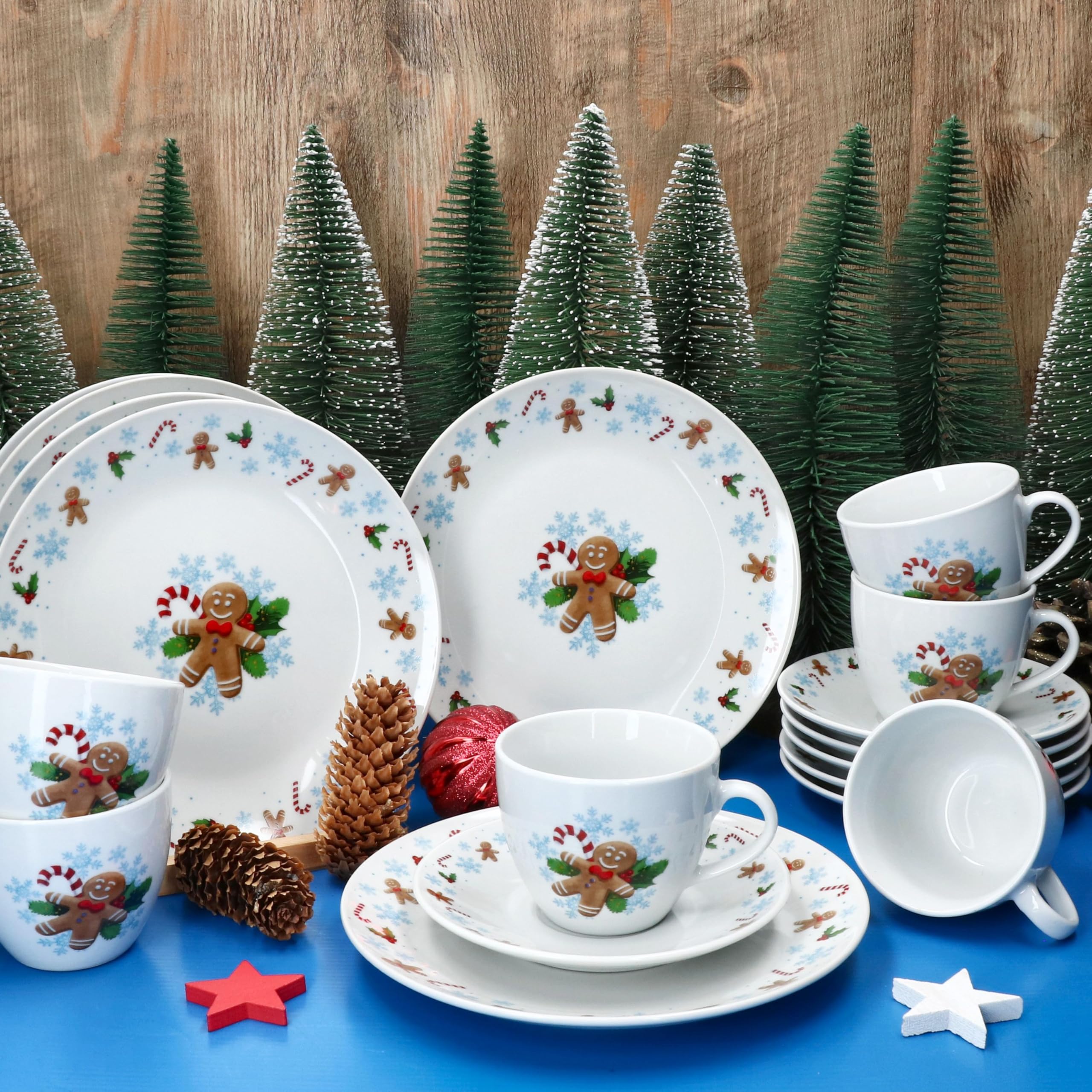 MamboCat Candyman 18tlg Kaffeeservice I Porzellan-Kaffeeset für 6 Personen mit eisblauem Weihnachtsdekor I Je 6X Kaffeetassen 160ml, Untertassen & Kuchenteller