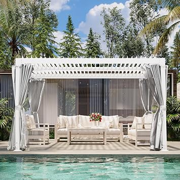 10 10 Louvered Pergola, Outdoor Aluminium Canopy with Adjustable Roof Curtains and Netting for Patio, Deck, Garden, Yard, Beach.White