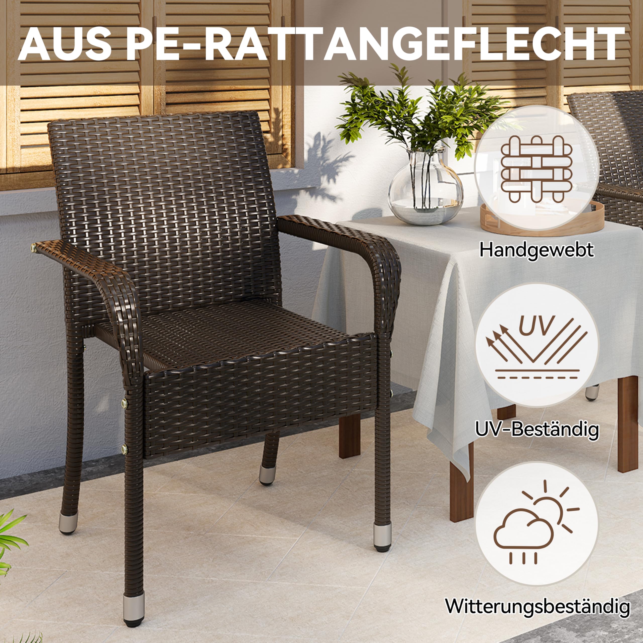Yaheetech Lot de 2 chaises de Jardin empilables en rotin synthétique avec accoudoirs et Dossier, pour Jardin, Balcon, terrasse, Marron, 58 x 58 x 84 cm