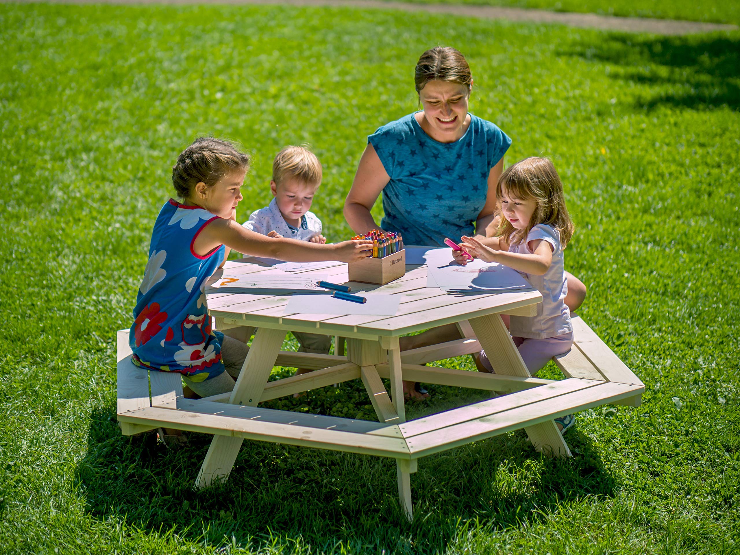 Pinolino Kindersitzgarnitur, 6 Eck, Garten, Outdoor, stabil, Platz für viele Kinder, zur einfachen Selbstmontage
