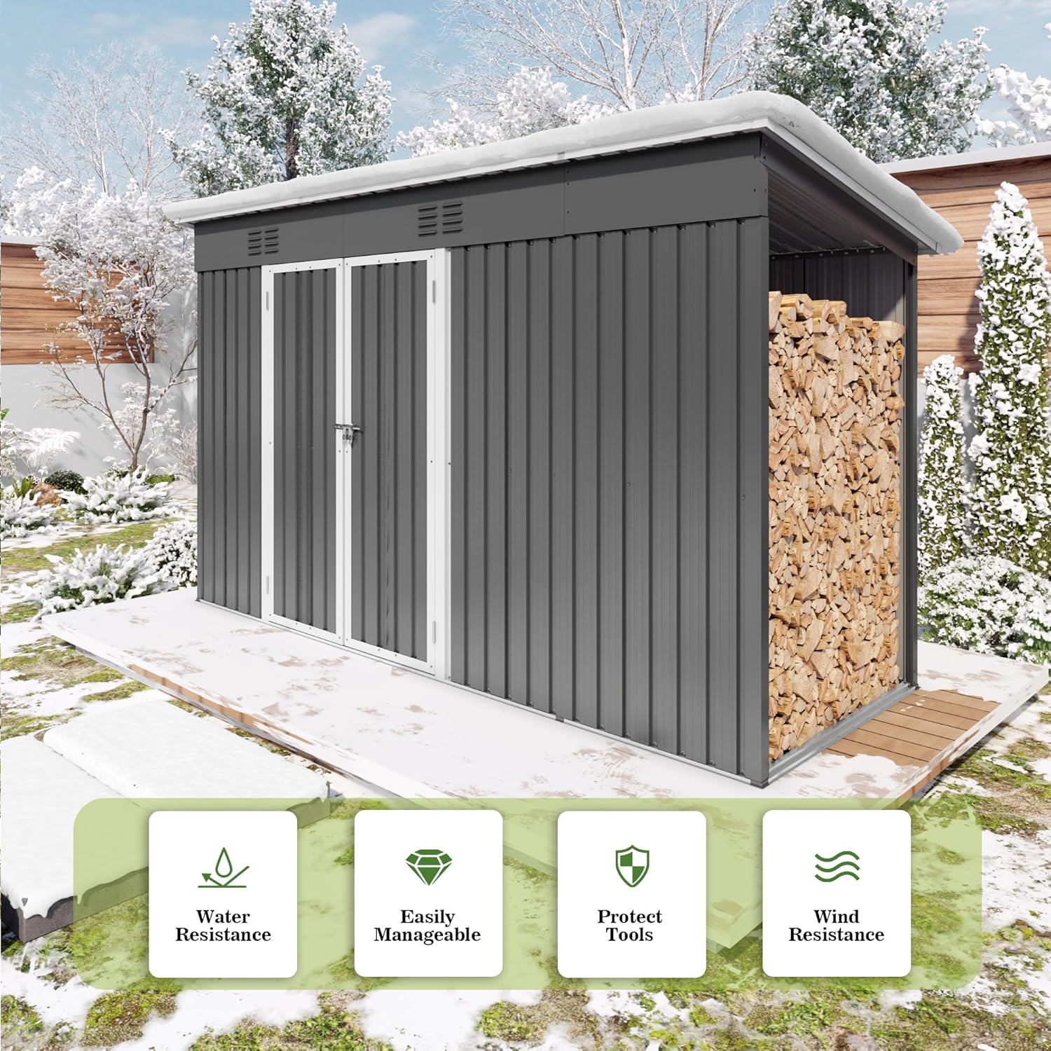 10x4 FT Sheds & Outdoor Storage with Floor Frame, Galvanized Steel Garden Shed with Wood Storage & Air Vent & Sloping Roof for Bike, Backyard