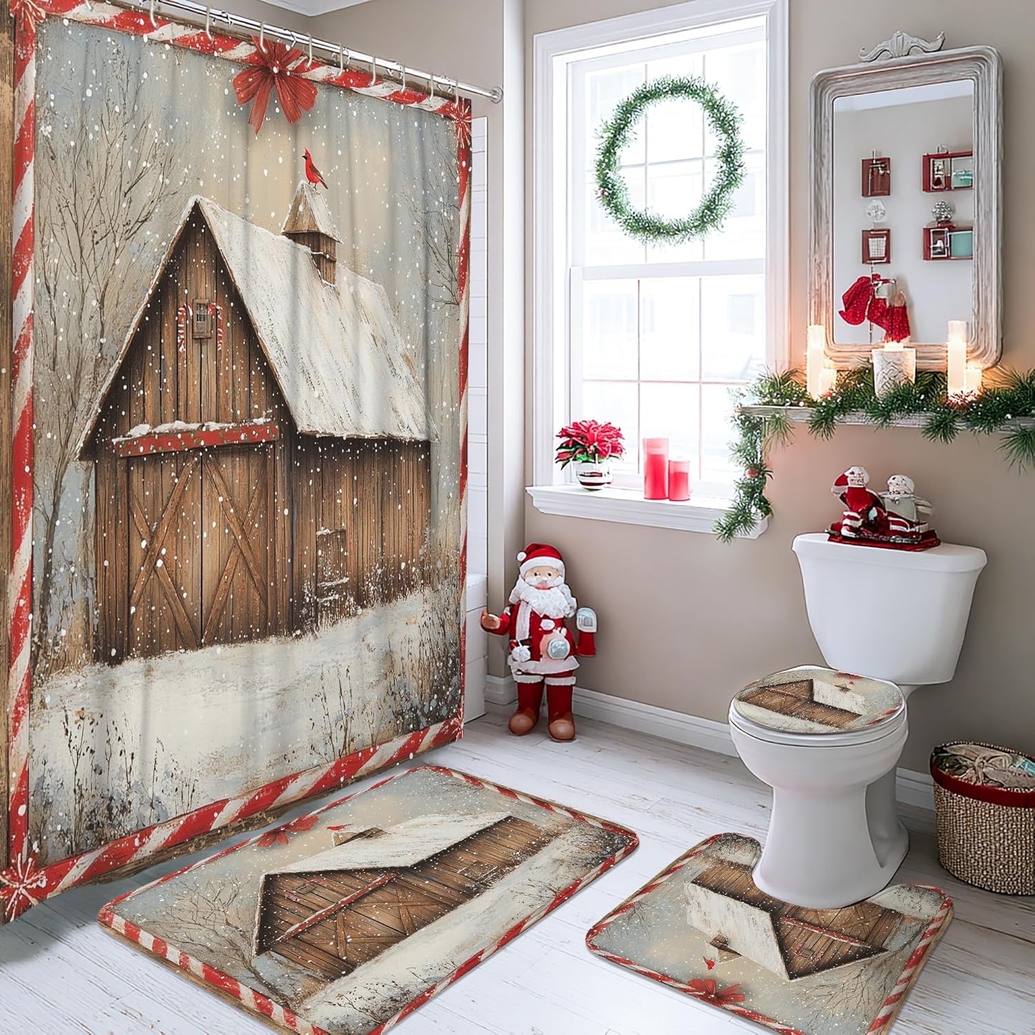 4PCS Winter Farmhouse Christmas Bathroom Sets, Bath with Non-Slip Rug, U Shape Toilet Lid Cover Mat, Country Barn Xmas Bathroom Decor-72''x72''