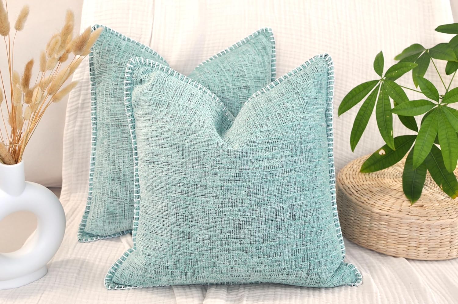 18x18 Pillow Covers for Couch Pillows Mint Green Set of 2, Decorative Soft Textured Cozy Chenille Cushions Covers, Modern Deco Covers for Sofa Pillows, Decor Pillow Covers Square Pillowcase