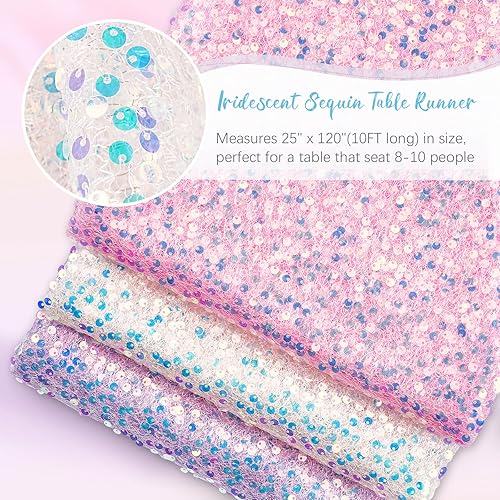 Miniatura 6 de Camino de mesa de 120 pulgadas de largo con lentejuelas blancas iridiscentes de tela de 10 pies para fiestas, bohemio, boda, primavera, sirena,
