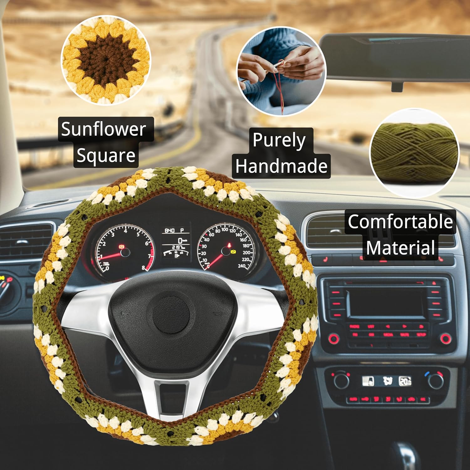 Crochet Steering Wheel Cover Set,Cute Car Steering Wheel Cover Boho 14-15in,Handmade Sunflower Granny Square Pattern Gift for Women Car Accessories for Vehicles (Wheel Cover Set), HZYZW-76