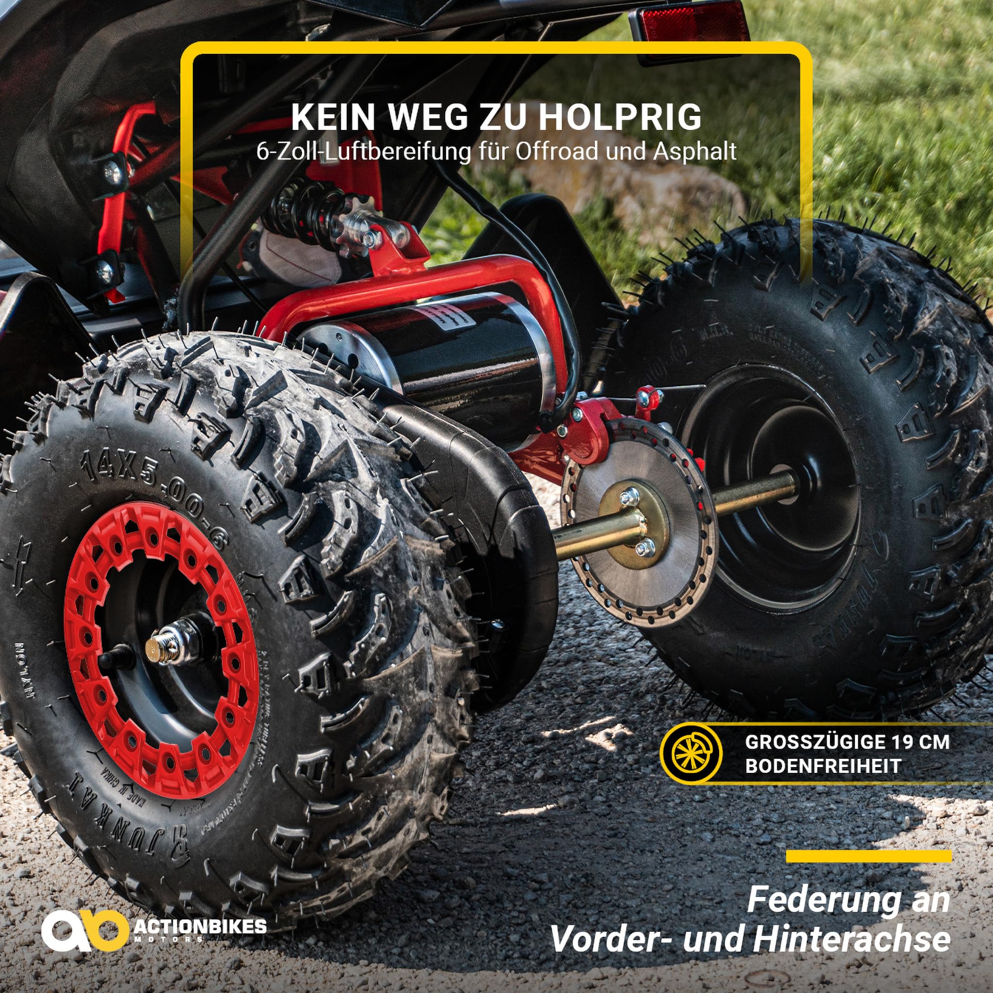 Actionbikes Motors Kinder Quad Elektro ATV Reneblade | 𝟒𝟖 Volt 𝟭𝟬𝟬𝟬 Watt Motor bis 𝟐𝟒 km/h - Kinderquad - Pocket Quad - Miniquad - Safety Fußschalter - Für Kinder ab 8 Jahren (Schwarz/Rot)