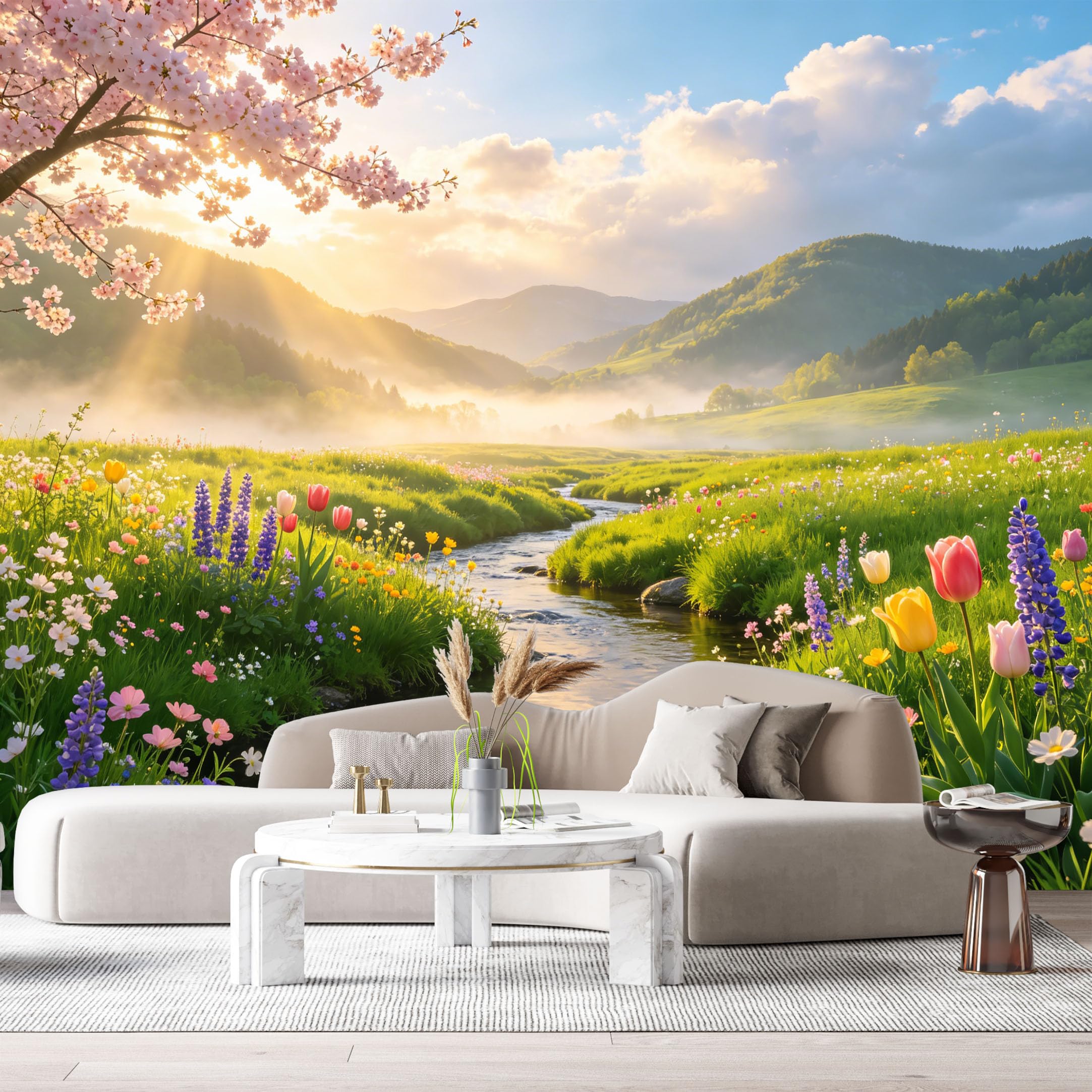 Custom Size Wall Murals Spring Landscape Botanical Watercolor Cherry Blossom Creek SelfAdhesive Wall Fabric Removable Large Wallpaper for Photo Living Room