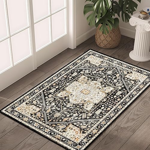 MUJOO Alfombra Pequeña Negra Lavable, Alfombras Boho para Baño, Entrada, Dormitorio, Tapete de Puerta Delantera de Felpa Suave, Vintage Negro y