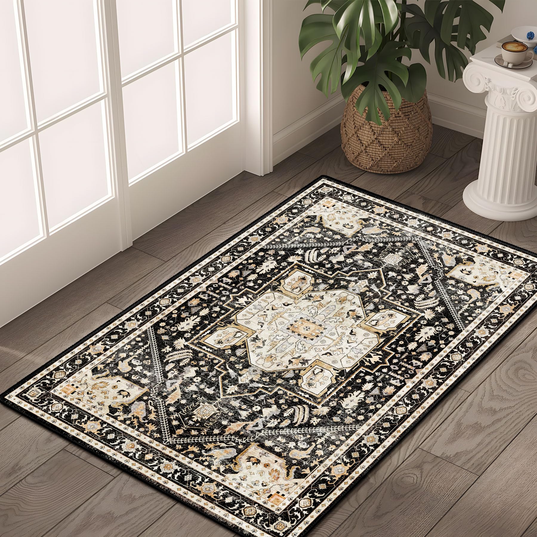 MUJOO Black Small Rug Washable,Boho Area Rugs for Bathroom Entryway Entry Entrance Bedroom,Front Door Mat Soft Carpet Indoor Vintage Black and Gold Floral 2'x3'