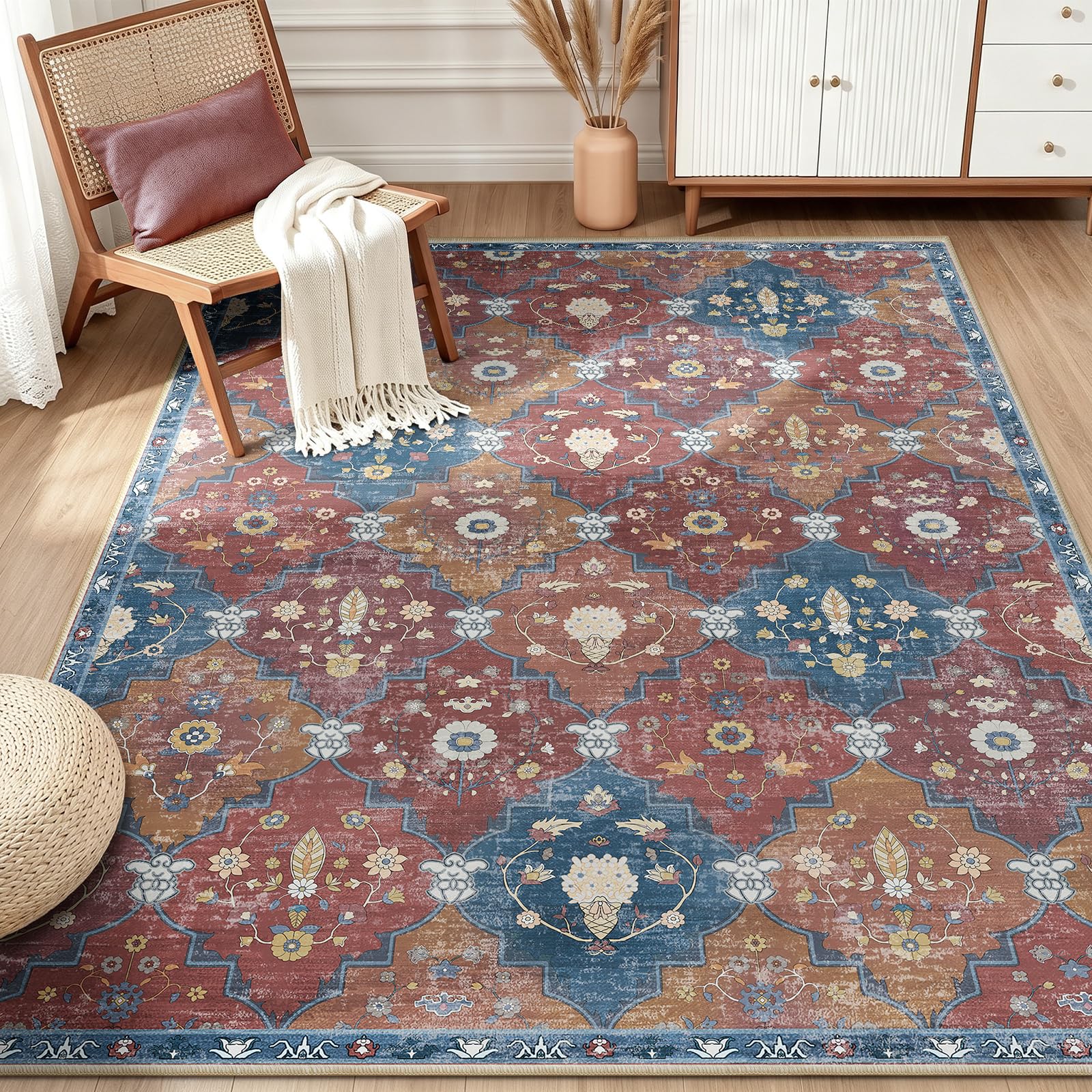 INOVADAY Teppich Wohnzimmer Moroccan Teppich Waschbar Boho Kurzflor rutschfest Teppiche für Lounge Schlafzimmer Esszimmer mit Druckmuster