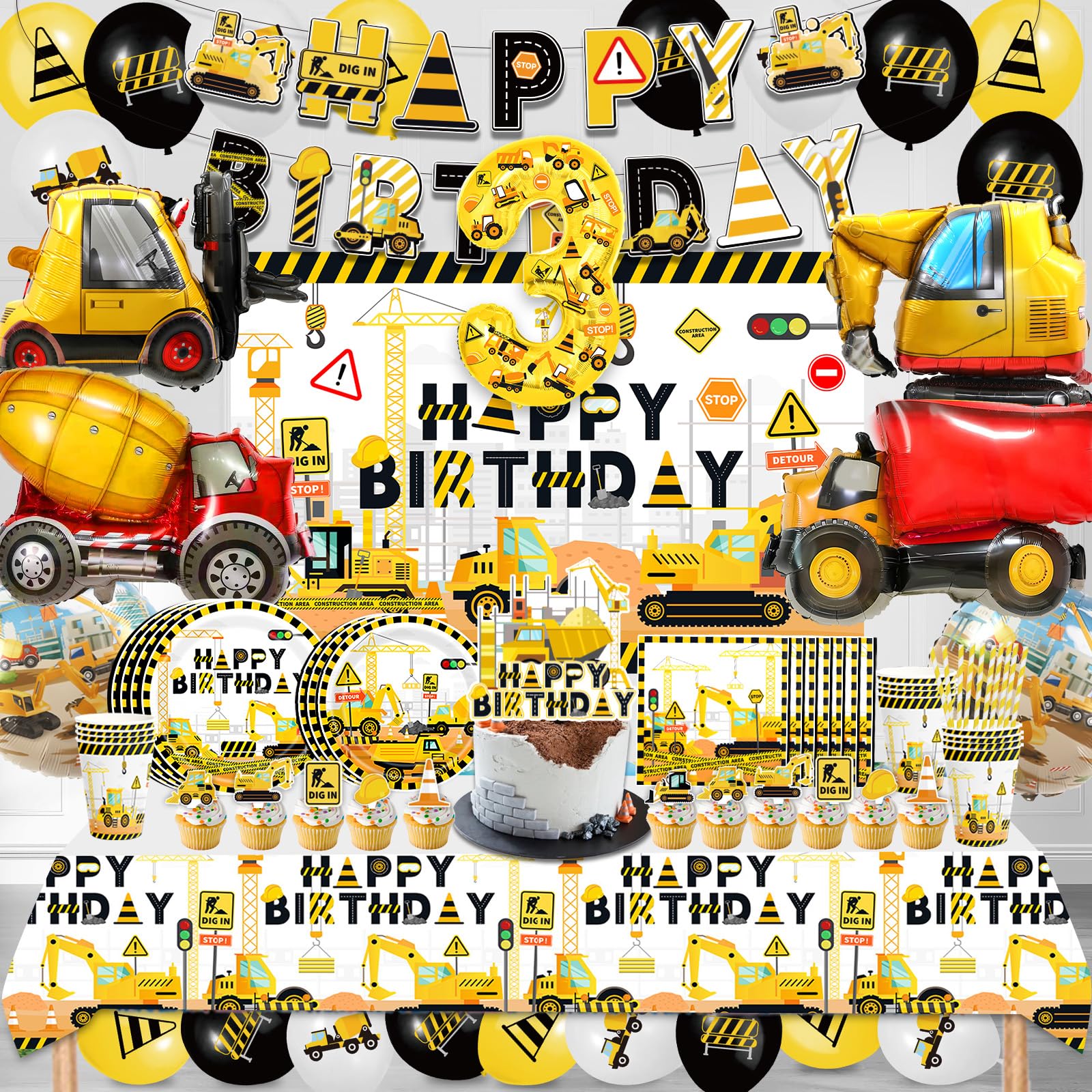 113 PCS Digger Birthday Decorations 3rd, Construction Party Balloons, Construction Balloon Set, Suitable for Decorating Birthday Parties, Baby Showers, and Various Holidays