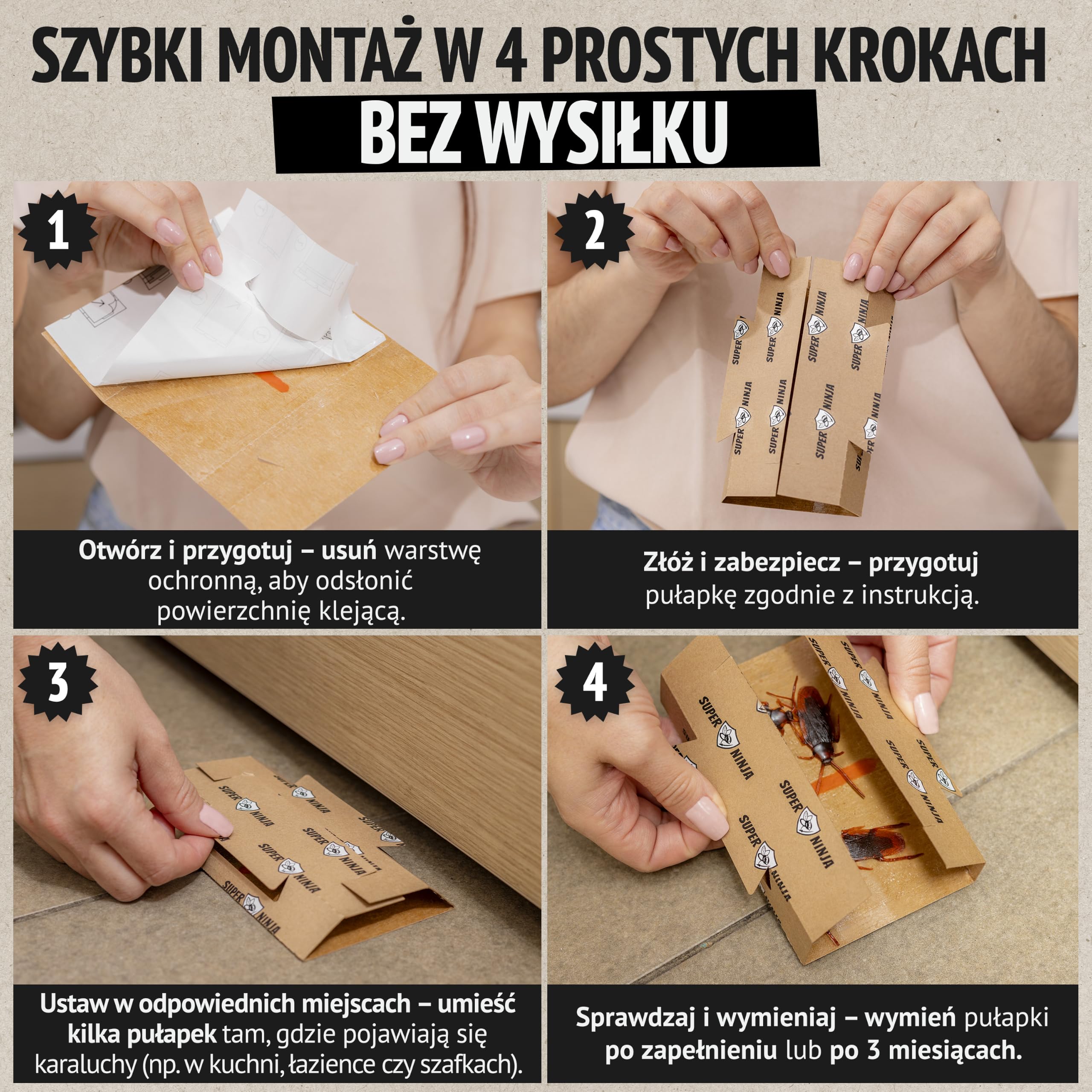 Super Ninja Pułapki lepowe na karaluchy i prusaki do domu – 60 szt., z atraktantem spożywczym, bez toksycznych substancji, do kuchni, łazienki, garażu i piwnicy