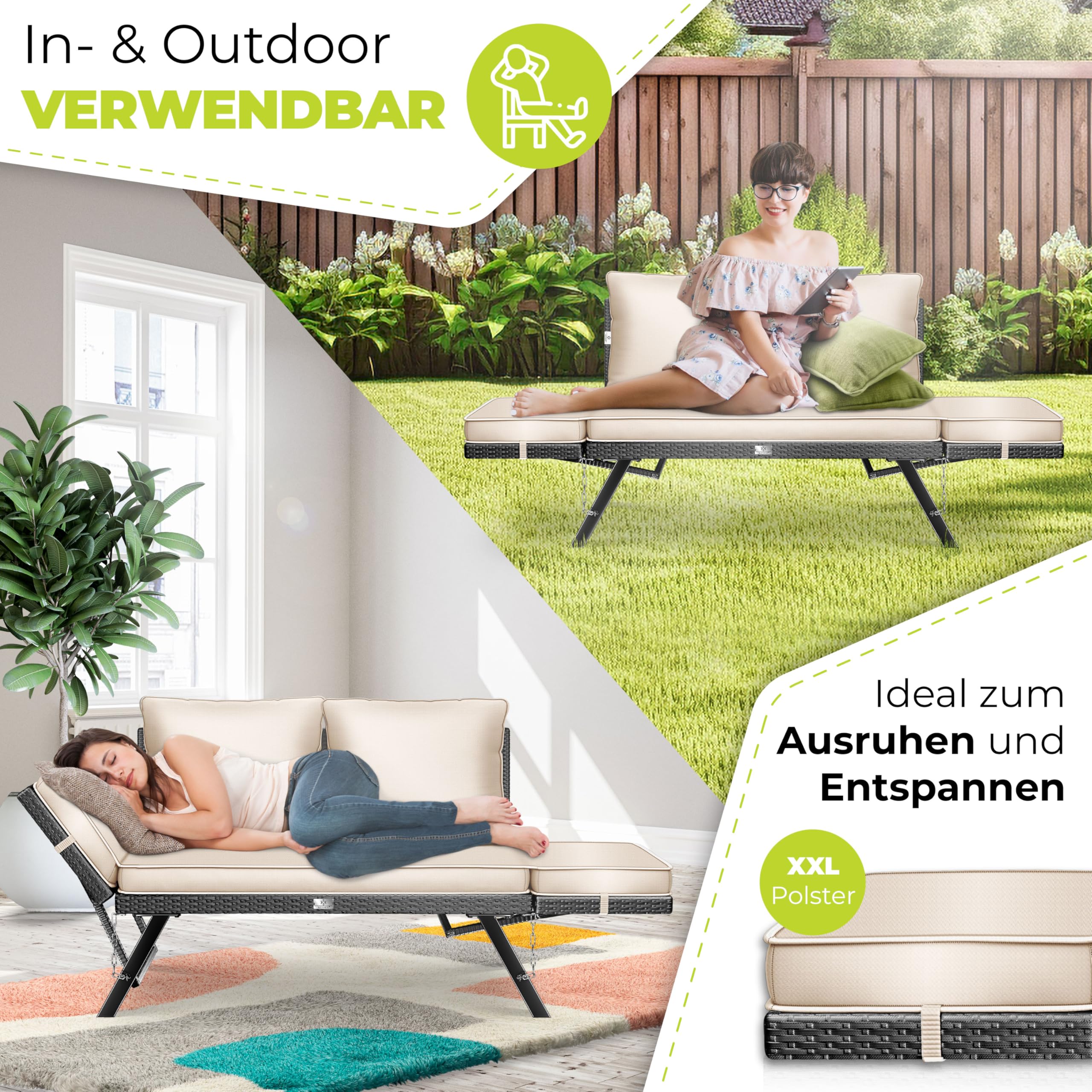 KESSER® Panchina da giardino in polyrattan Luna con funzione sdraiata, divano da giardino 4 in 1, con funzione di regolazione 4 in 1, resistente alle intemperie, braccioli regolabili, extra spessore e