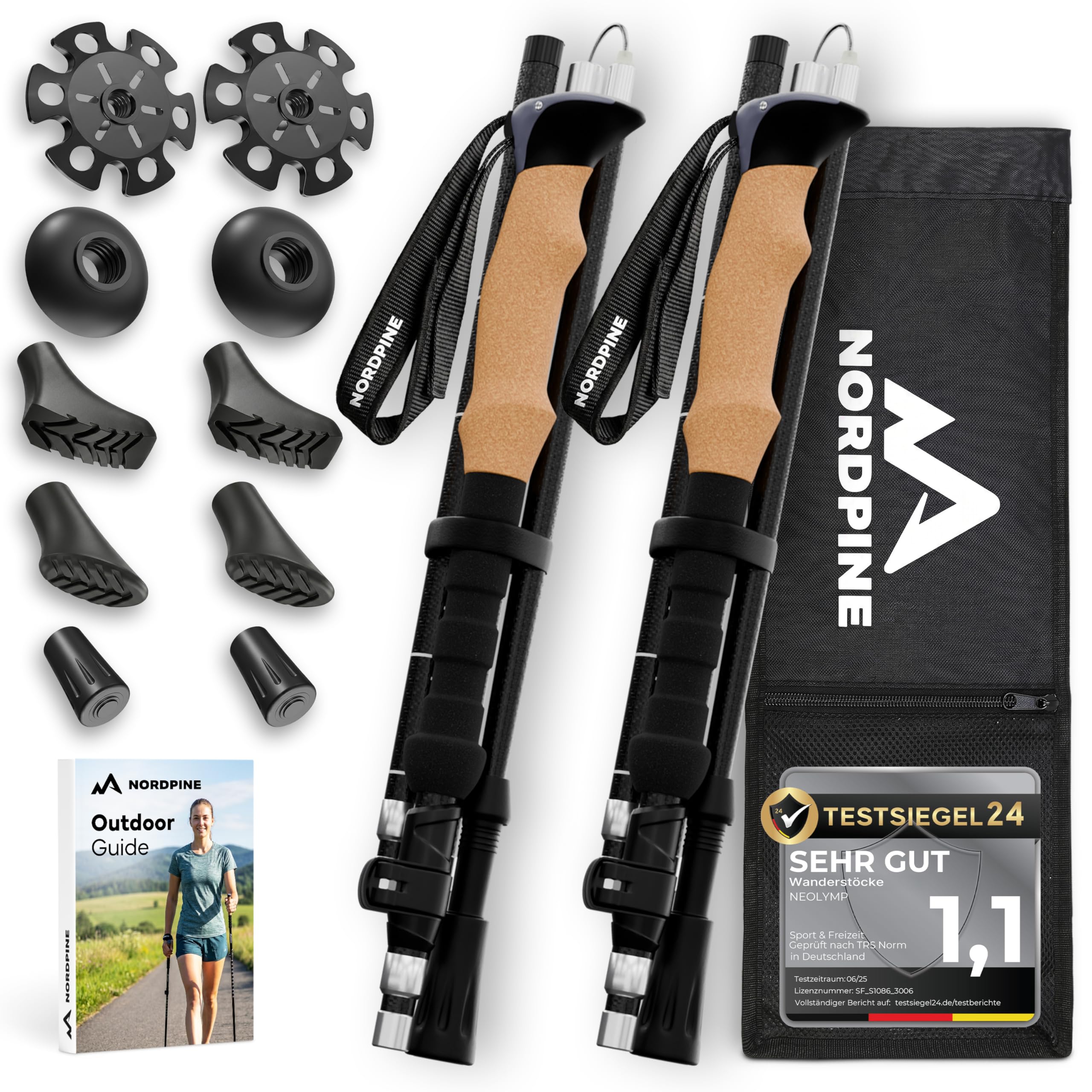 Wanderstöcke faltbar - Carbon & Aluminium für Damen & Herren - Ultraleichte Trekkingstöcke mit Korkgriff & Wolframspitze - Nordic Walking Stöcke mit Gummipuffer - Trekkingstöcke faltbar