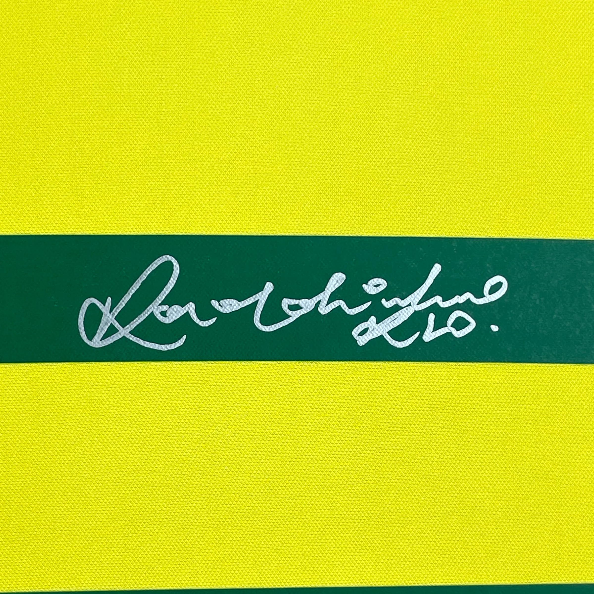 Framed Autographed/Signed Ronaldinho 35x39 Brazil Yellow Soccer
