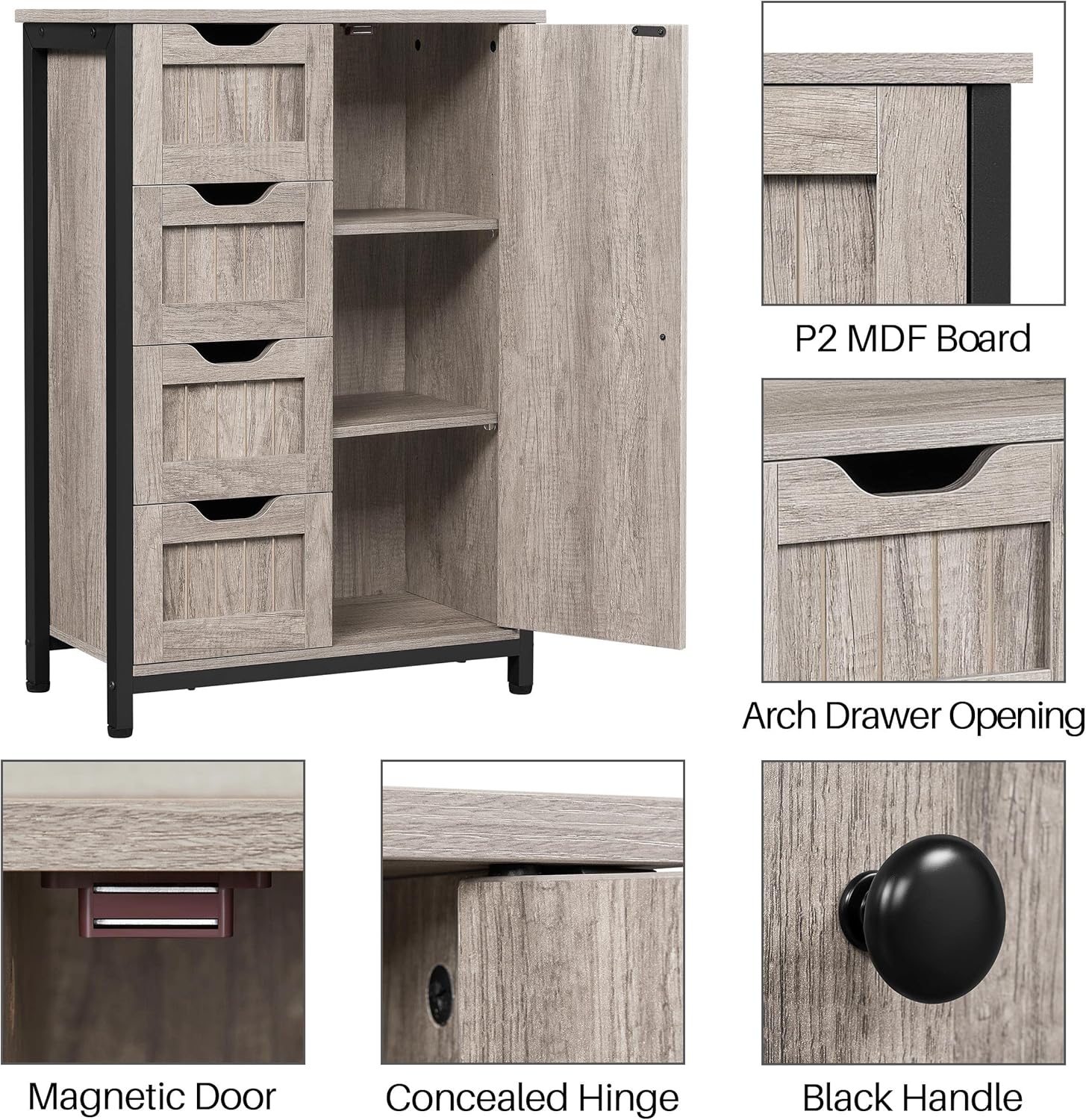Close-up images of cabinet components including P2 MDF board, arch drawer opening, magnetic door catch, concealed hinge, and black handle.
