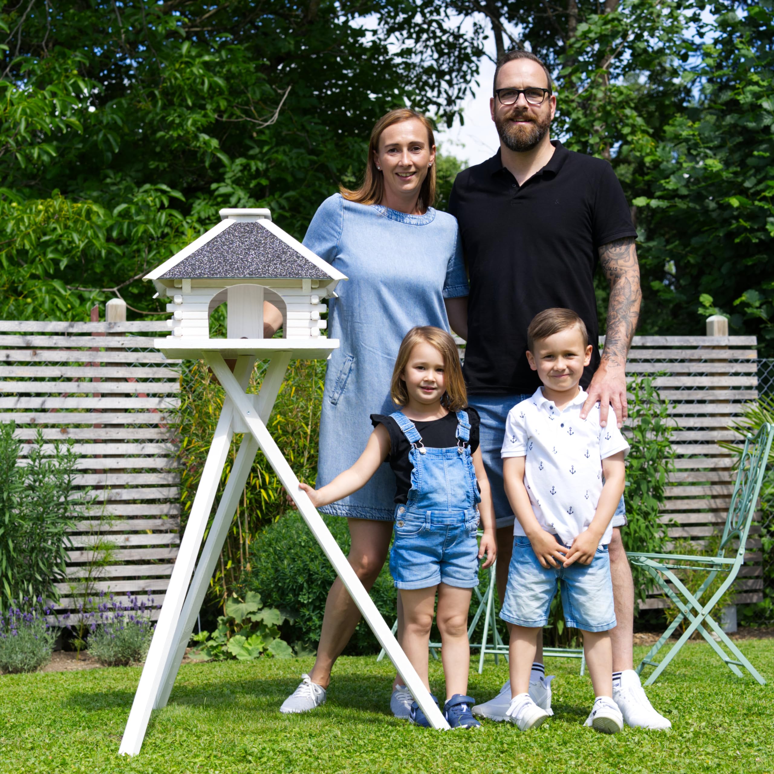 Vogelhaus V20 Weiss (Vogelhaus mit Ständer, Weiss, Dach Stein anthrazit/grau)