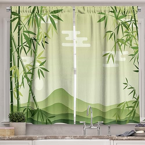 Ambesonne Cortinas de cocina de hojas verdes, árboles abstractos en bosque japonés botánico oriental al aire libre, juego de 2 paneles para