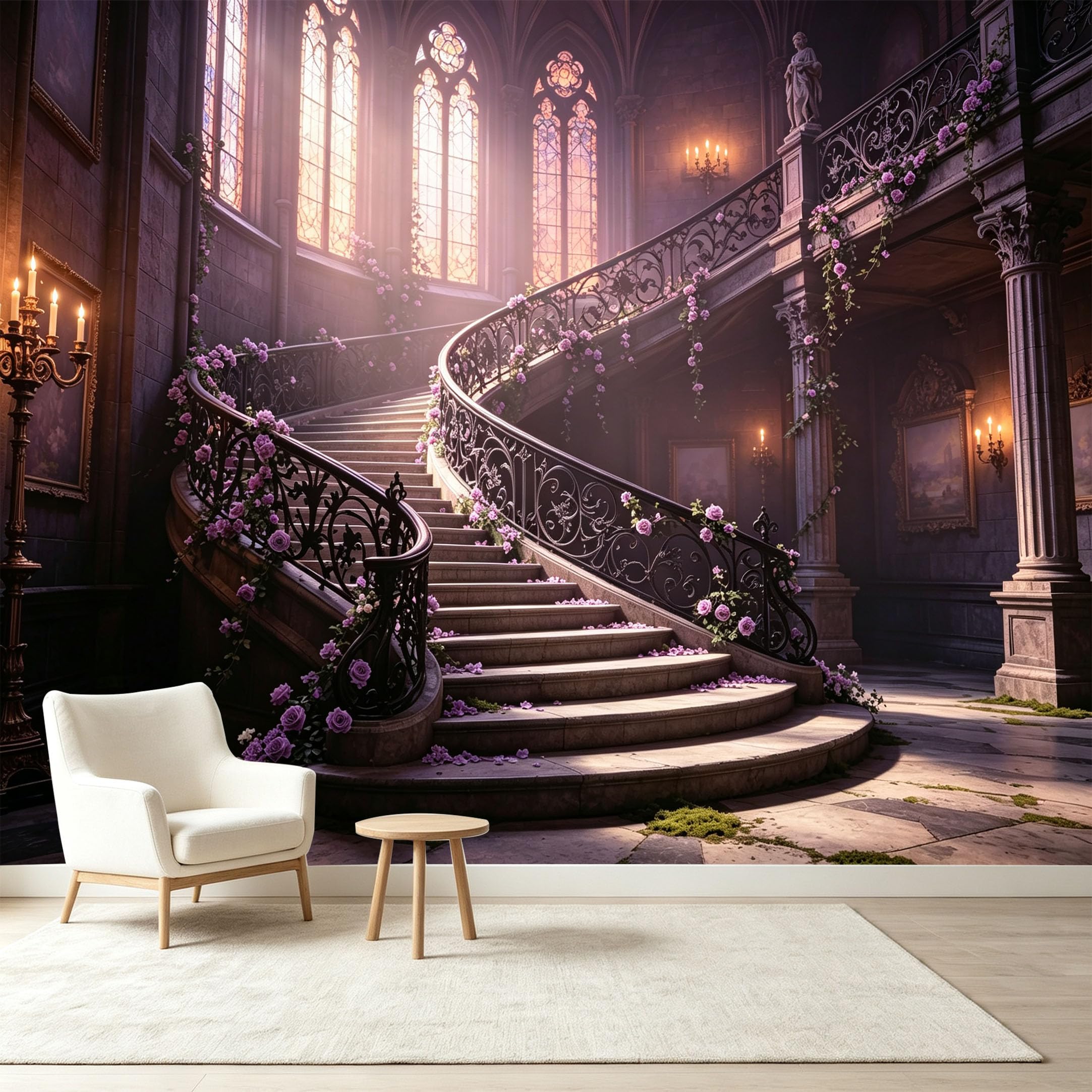 Custom Size Wall Murals Neoclassical Mansion Interior Staircase Vintage Floral Archway 3D Trompe L'Oeil Self-Adhesive Wall Fabric Removable Wallpaper Wall Decor for Living Bedroom Bathroom
