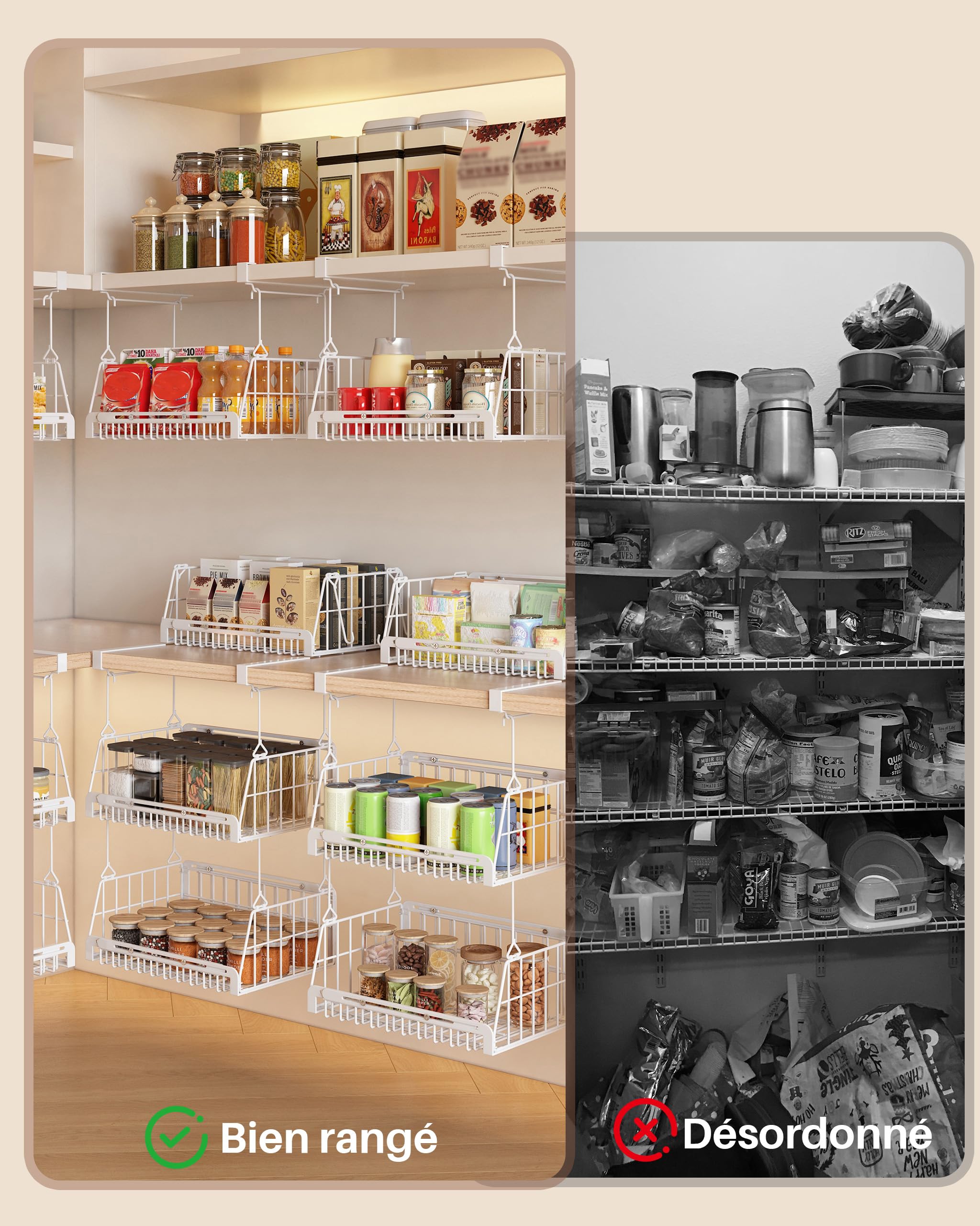 Paniers de Rangement Métal Suspendus Ajustables 35-60cm Anti-Rouille Charge Max 9kg pour Sous-Etagère Cuisine