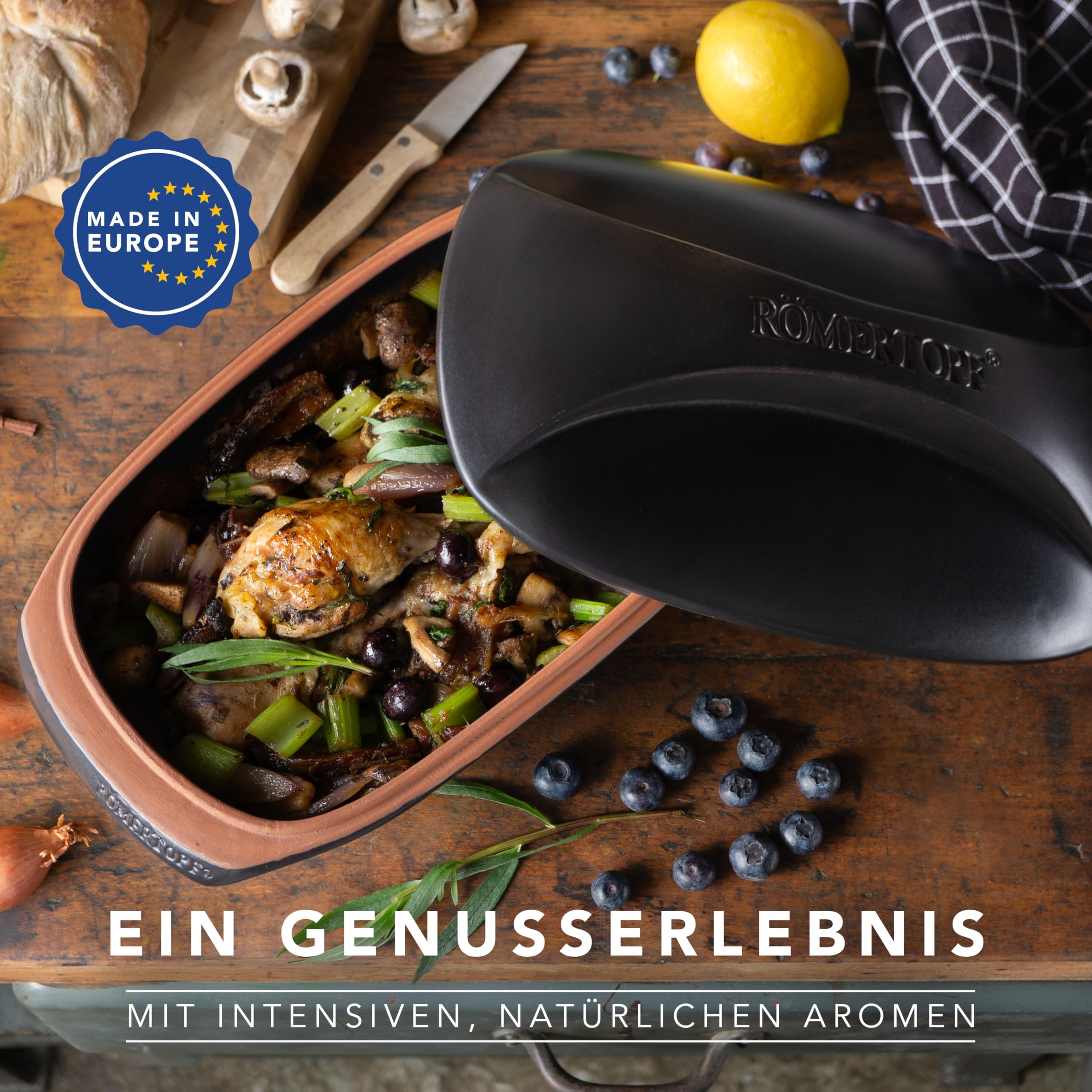 Römertopf Bräter CULINARIO für 4 Personen - 3 Liter Schmortopf mit Deckel aus Keramik – Zum Schmoren, Braten und Dampfgaren - Backofengeeignet