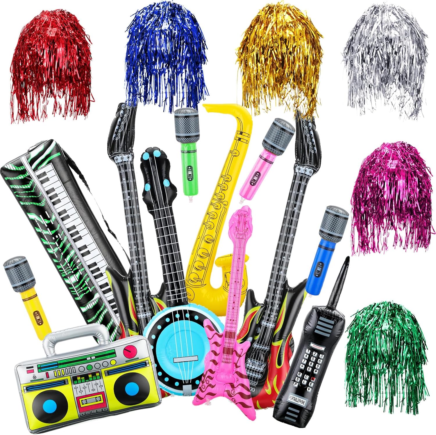 Inflatable Instrument Party Props Toy Set 12 Pcs Inflatable Instruments and 6 Pcs Tinsel Wigs Blow up Guitar Saxophone Microphone Mobile Phone for 80s 90s Carnival Party