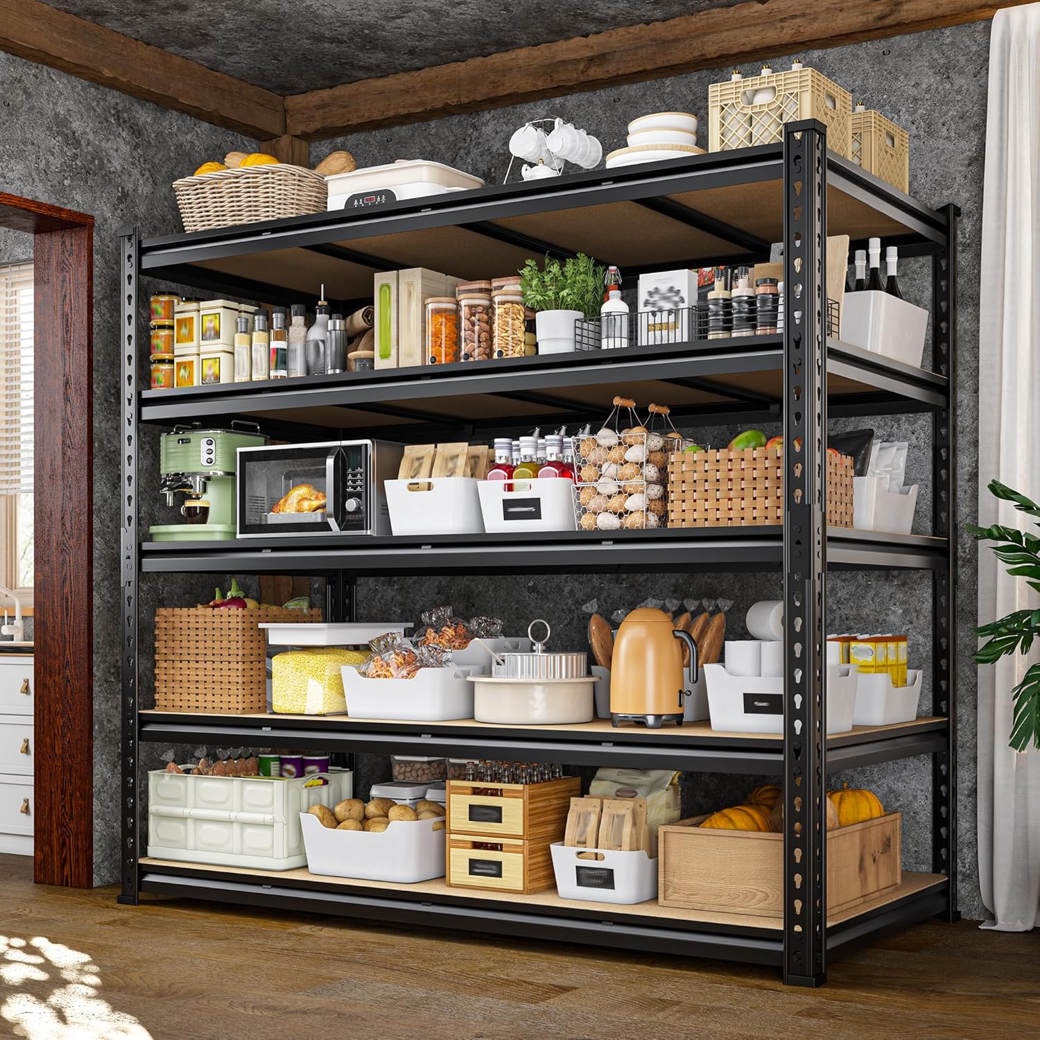 55" W Storage Shelves, 2550LBS Garage Shelving, 5-Tier Metal Shelving Unit, Adjustable Heavy Duty Shelving for Garage, Warehouse, Pantry, Kitchen, 55" W × 24" D × 72" H, Black