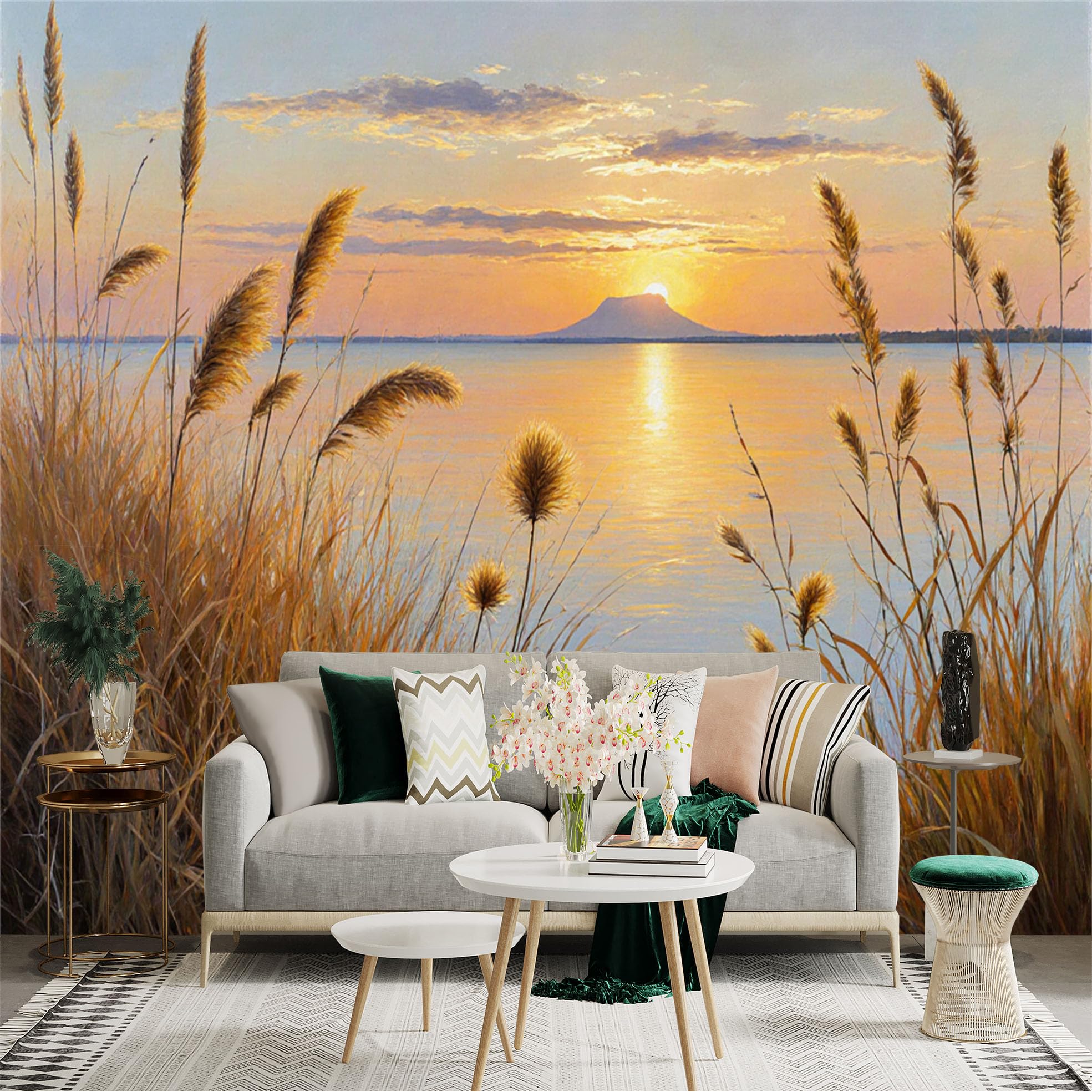 Lnzczhyre Xc260505040 Custom Size Wall Sticker Mural， Golden Sunset Over Serene Lake， Reeds By The Water， Distant Mountain View， Nature Scenery， For Wall Decoration， Peelandstick Wall Decals.