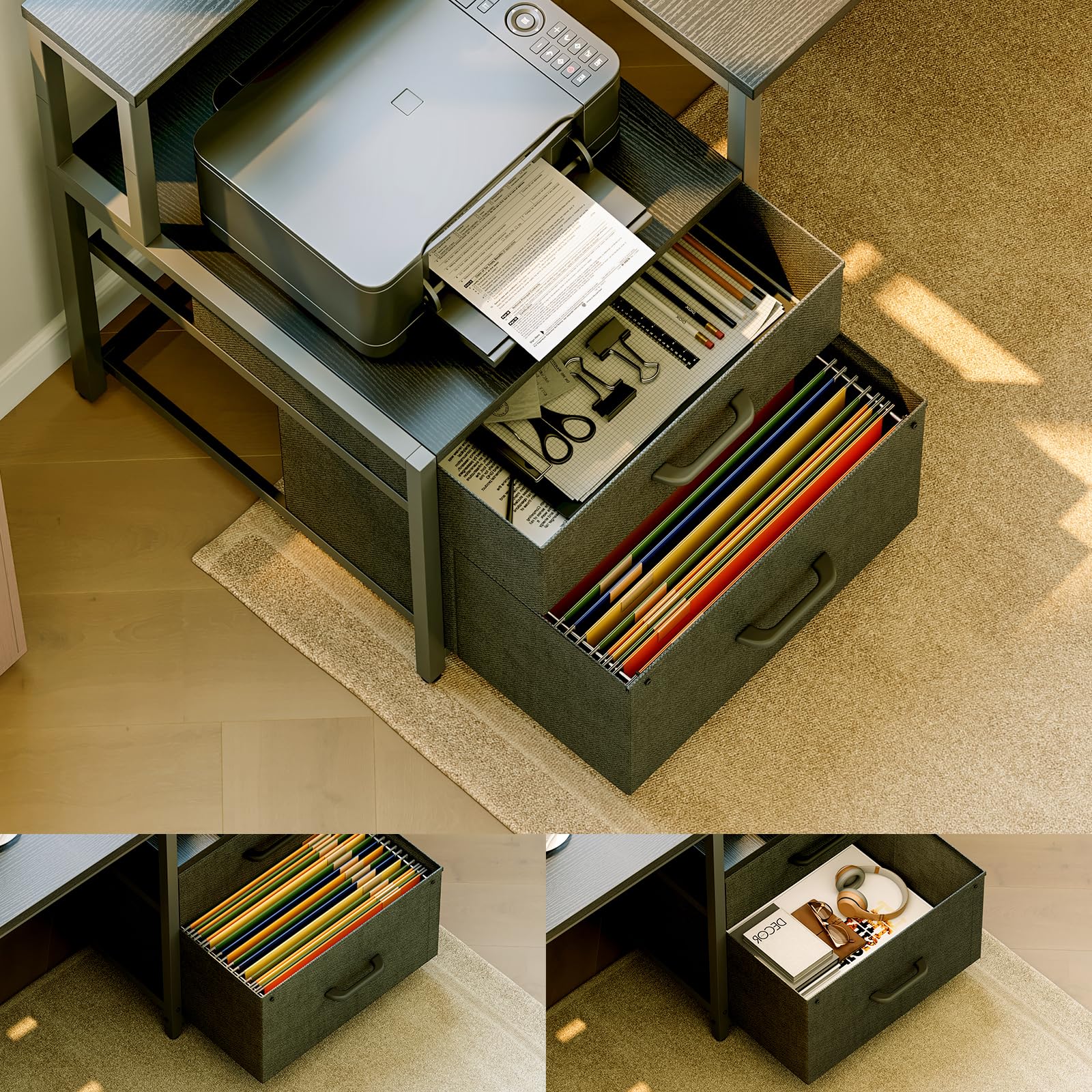 ODK Eckschreibtisch mit 2 Stoff Schubladen, 189.3×100 cm, Schwarz | Schreibtisch mit Steckdose & USB in L-Form, Gaming Tisch mit Monitorablage, Reversibel, für Homeoffice & Wohnzimmer