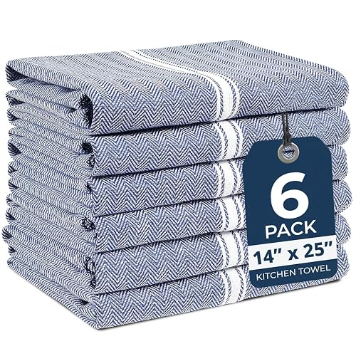 LANE LINEN Kitchen Towels 100% Cotton Absorbent Lint-Free 6 Pack | For Drying, Cleaning and Gifting, Classic Herringbone Weave, Dish Towels, Lint Free and Fade Resistant - Blue