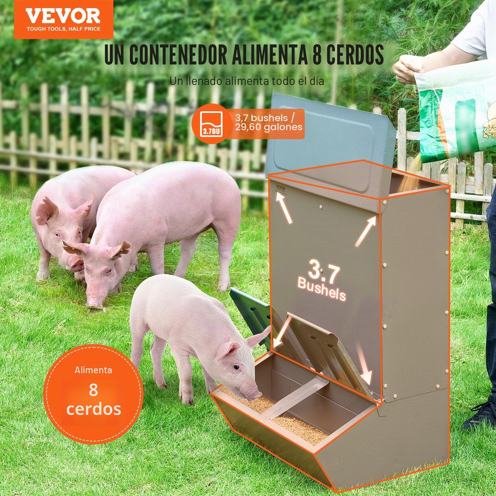 VEVOR Comedero para Cerdos de Capacidad de 90,92 L, Comedero para Cerdos de Doble Puerta, Comedero para Lechones de Acero Resistente, Comedero de Canaleta Multiusos para Alimentar hasta 8 Cerdos