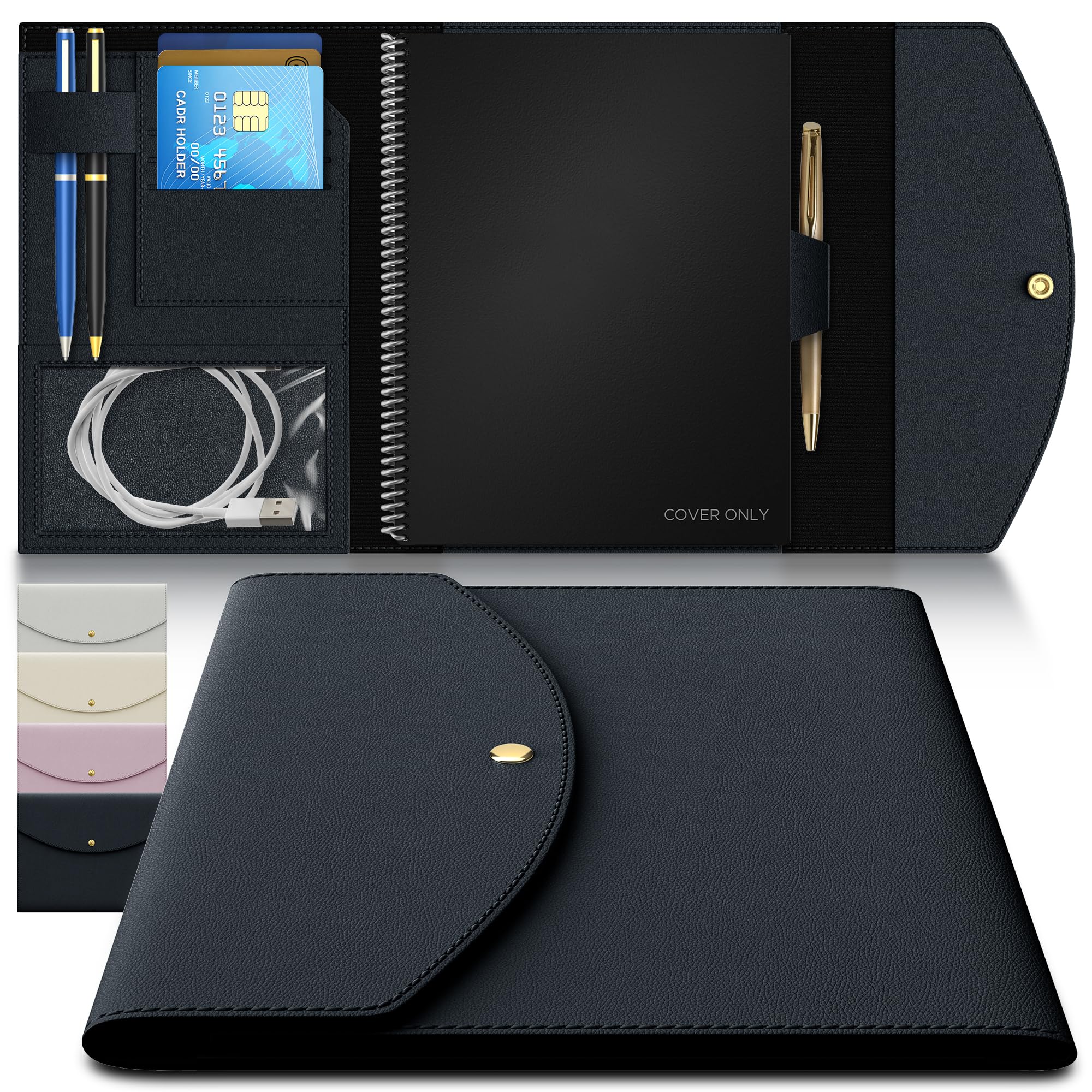 A5 Notebook Cover for Rocketbook Planner & Journal, Slim Vegan Leather Folio with Pen Loop, Card Slots & Pockets