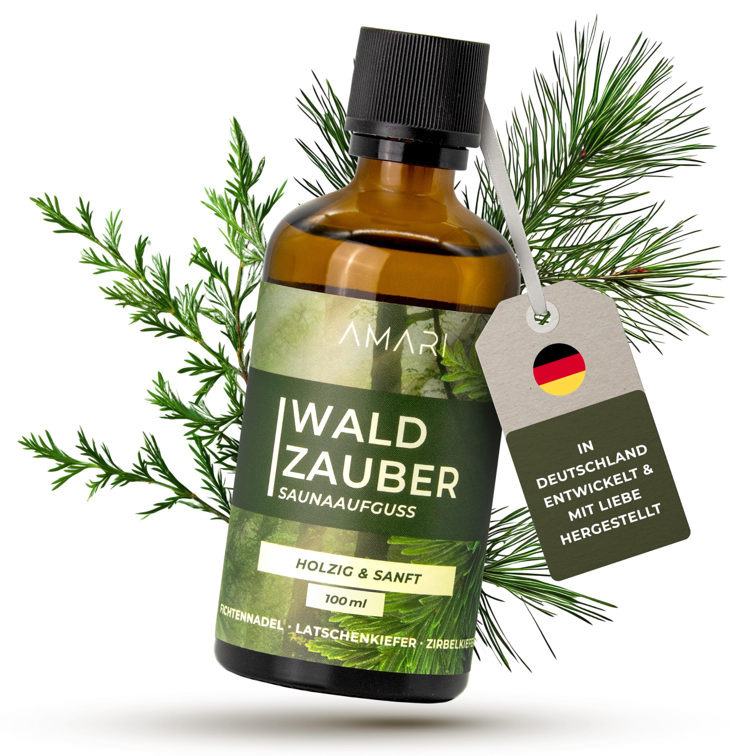 Amari ® Saunaaufguss Waldzauber – natürlicher Saunaduft mit Bio-Ethanol – Naturreine Ätherische Öle – Aufgussmittel, Sauna, Saunaöl, Duftöl