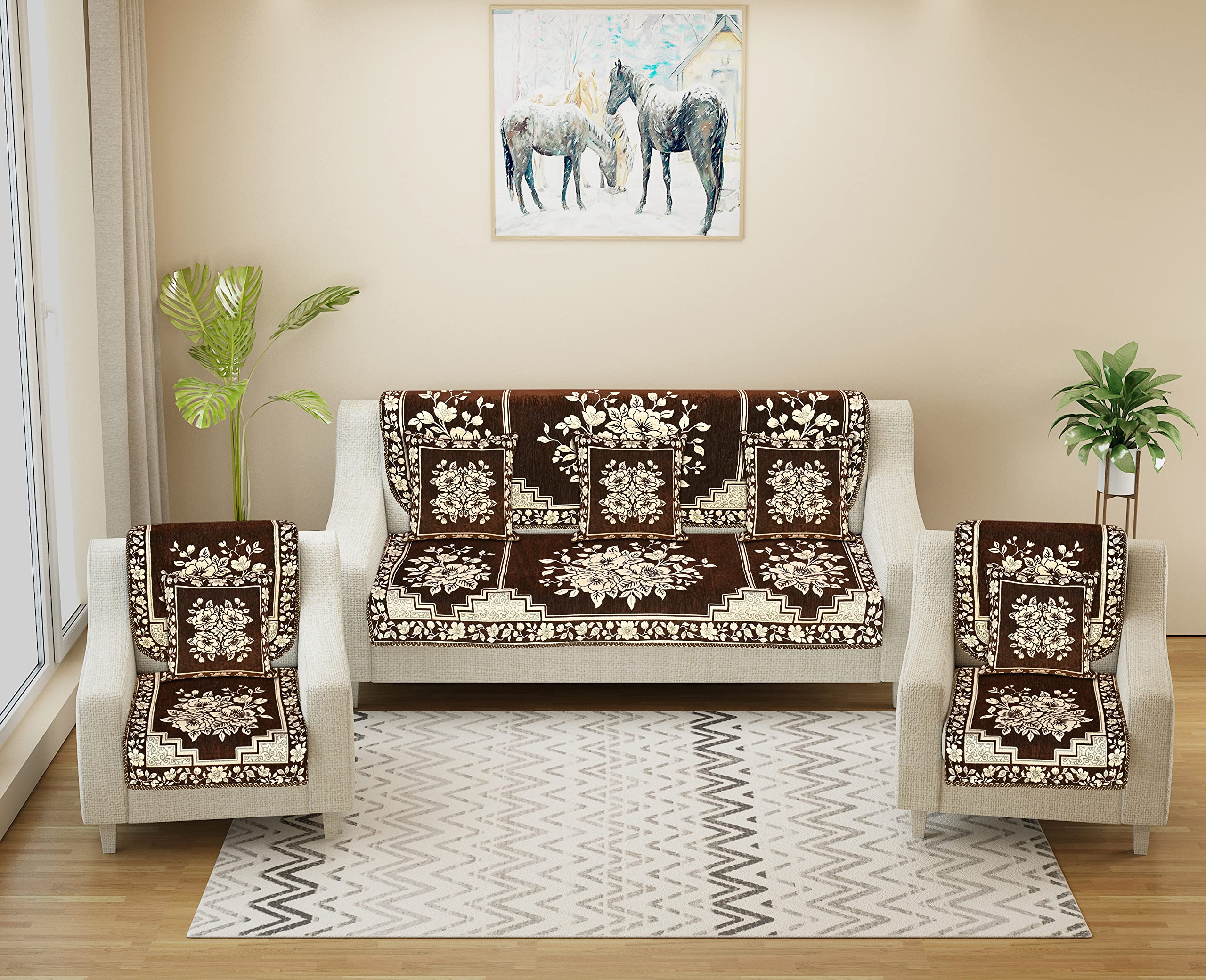 Velvet 5 Seater Sofa Cover Set with Cushion and Table Cover | 3+1+1 Seater Sofa Cover for Living Room, Drawing Room | Sofa Seat Protector Slip and Back Covers, 12 Pieces (Coffee)-image-6