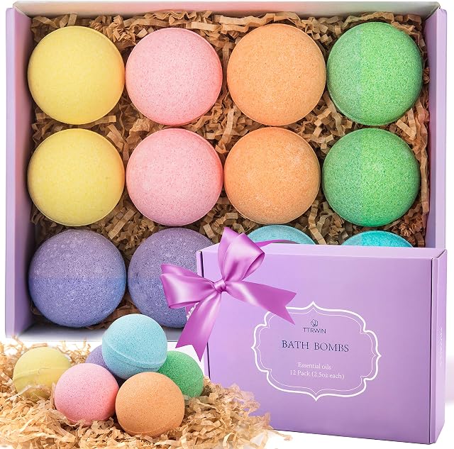 Bath Bombs Gift Set, TTRwin 12 Fizzy Bubble Bath Bath Bombs, Organic Natural Vegan Spa Bath Bomb Kit with Different Organic Essential Oils, Birthday Gift idea for Her, Girl , Men, Kids