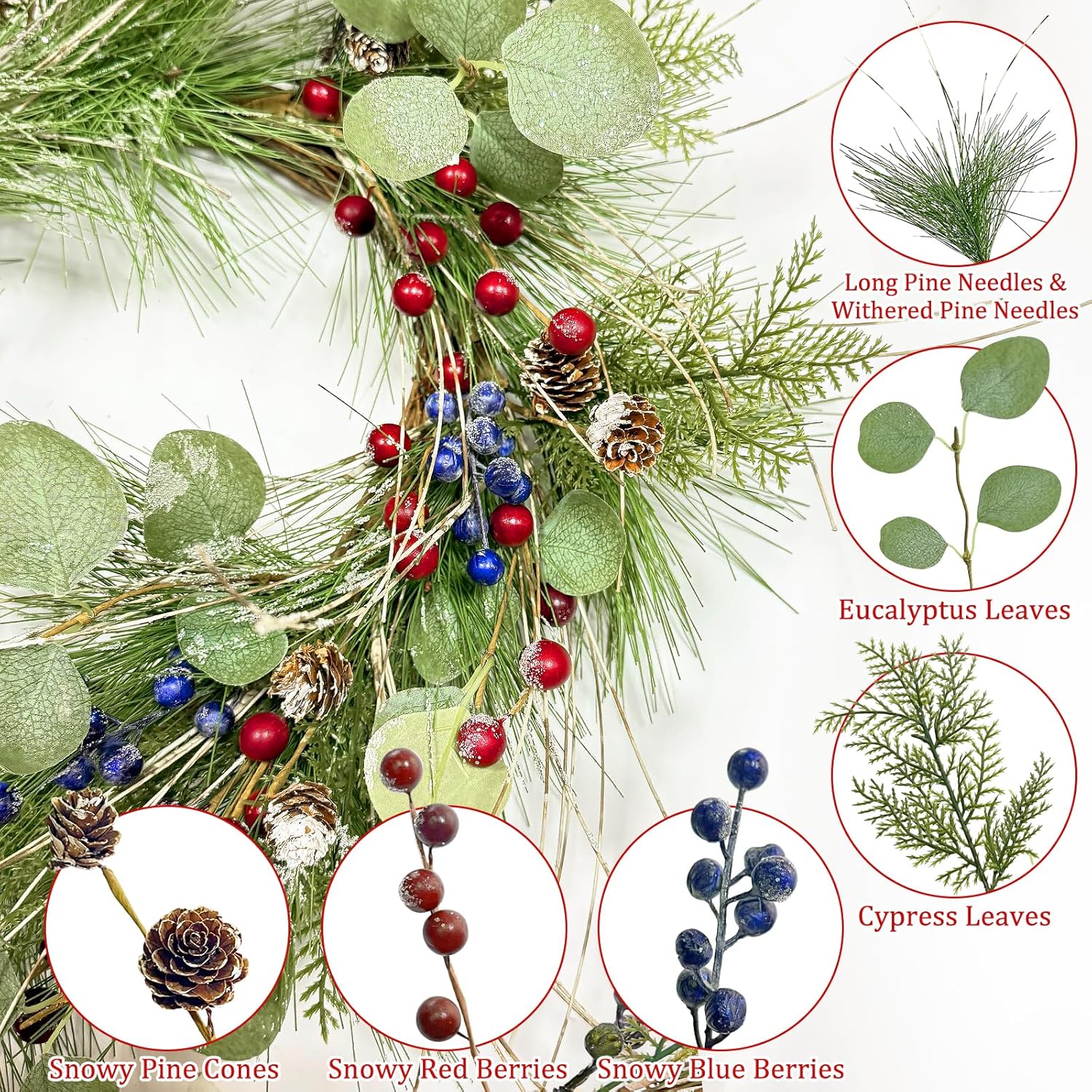 Timer - 20 Inch Lighted Christmas Wreaths for Front Door, Winter Wreath with 30 LED Lights Snowy Pine Needles Eucalyptus Cypress Leaves Pinecones Red Blue Berries Xmas Wreath for Window Wall Mantle - Image 4