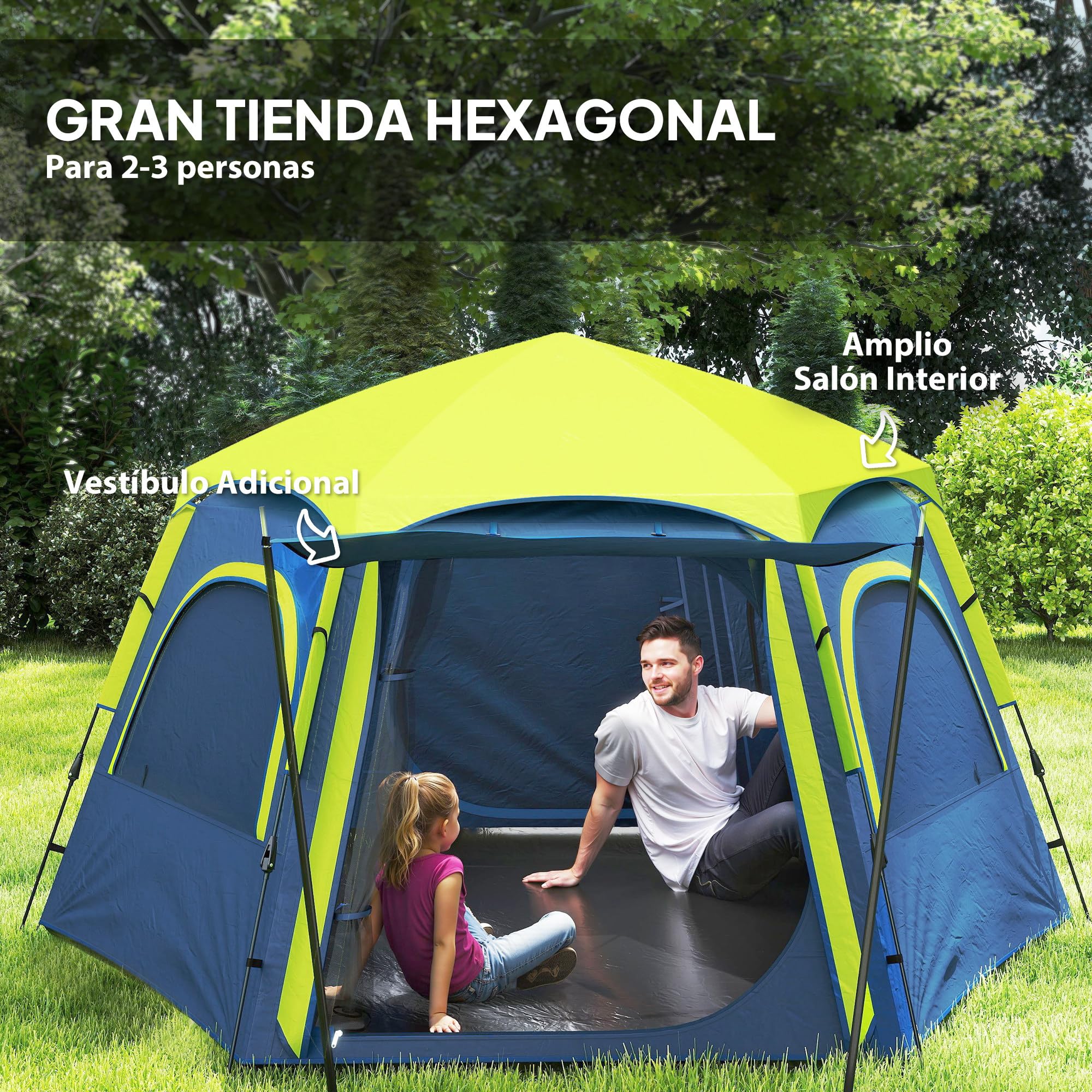 Outsunny Tienda de Campaña para 2-4 Personas Tienda de Camping Plegable con Fácil Instalación Ventanas de Malla Gancho y Bolsa Transporte Protección UV Impermeable 3000+ para Senderismo