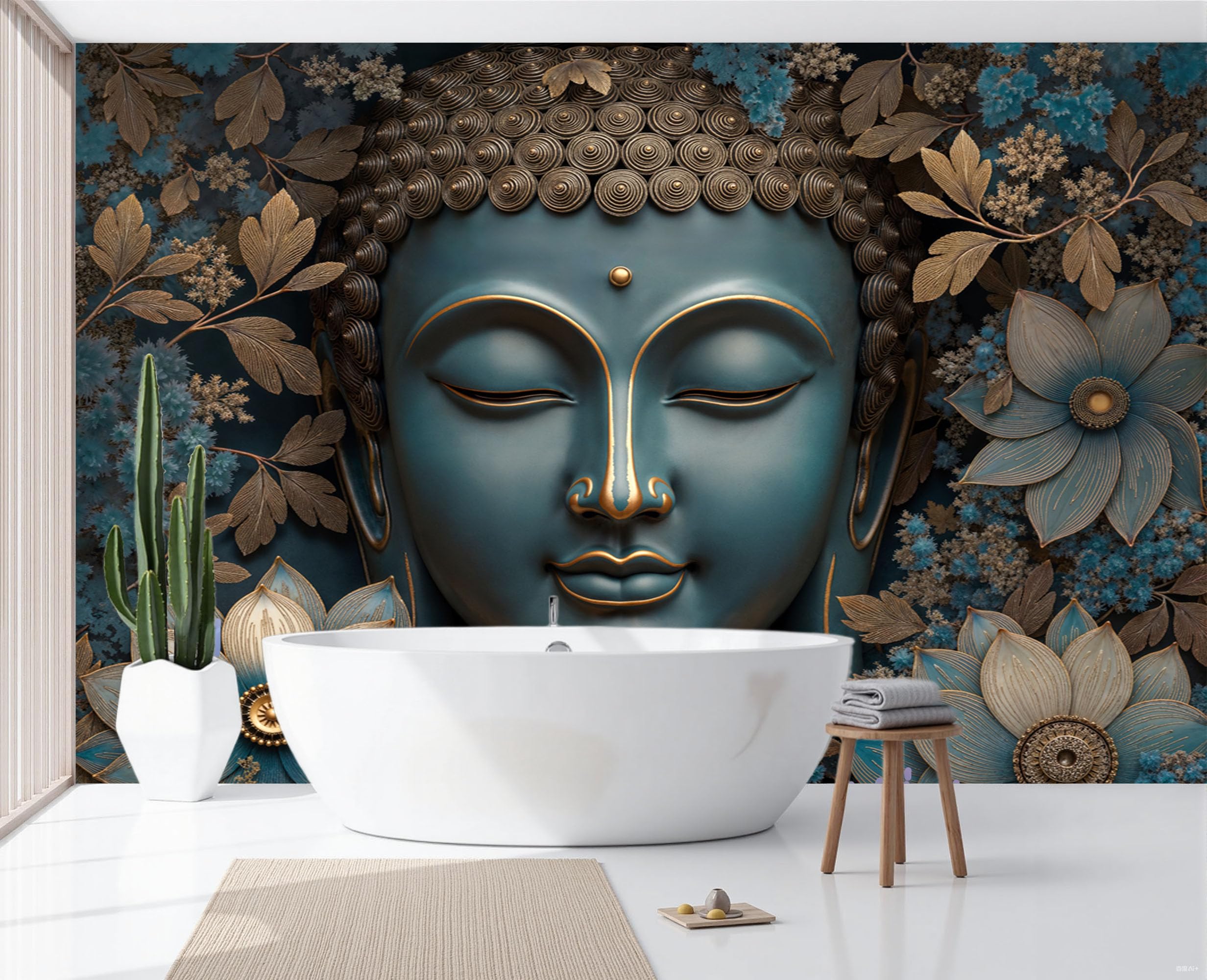 Carta Da Parati Fotografica Scultura Floreale Zen 3D Panorama Piante Bronzo, Paesaggio Lusso Per La Meditazione Carta Per Pareti Soggiorno Camera Da Letto Fotomurali In Tessuto Non Tessuto, 400X280Cm