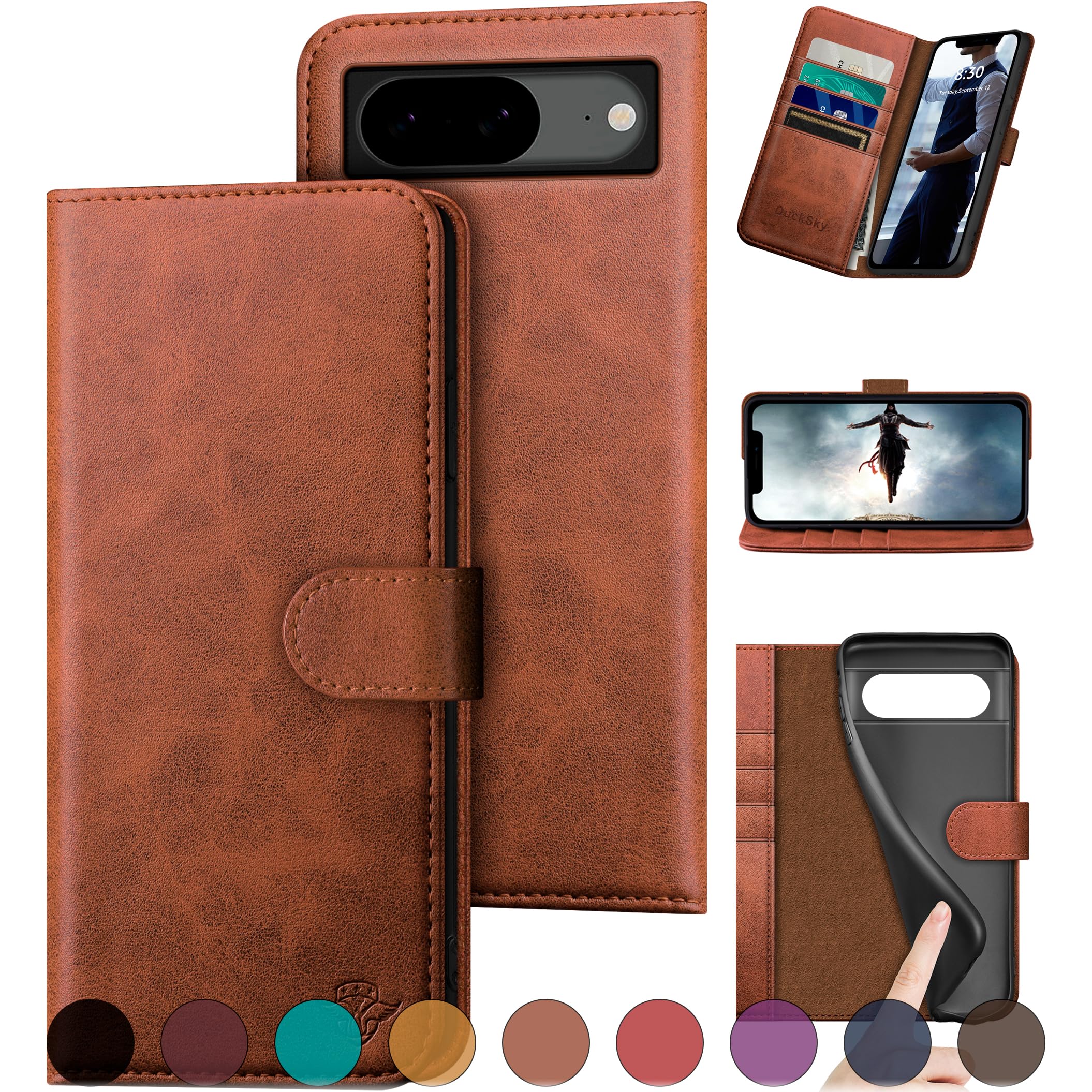 DuckSky for Google Pixel 8 5G Genuine Leather Wallet case ?RFID Blocking??4 Credit Card Holder??Real Leather? Flip Folio Book Phone case Protective Cover Women Men for Pixel8 case Light Brown
