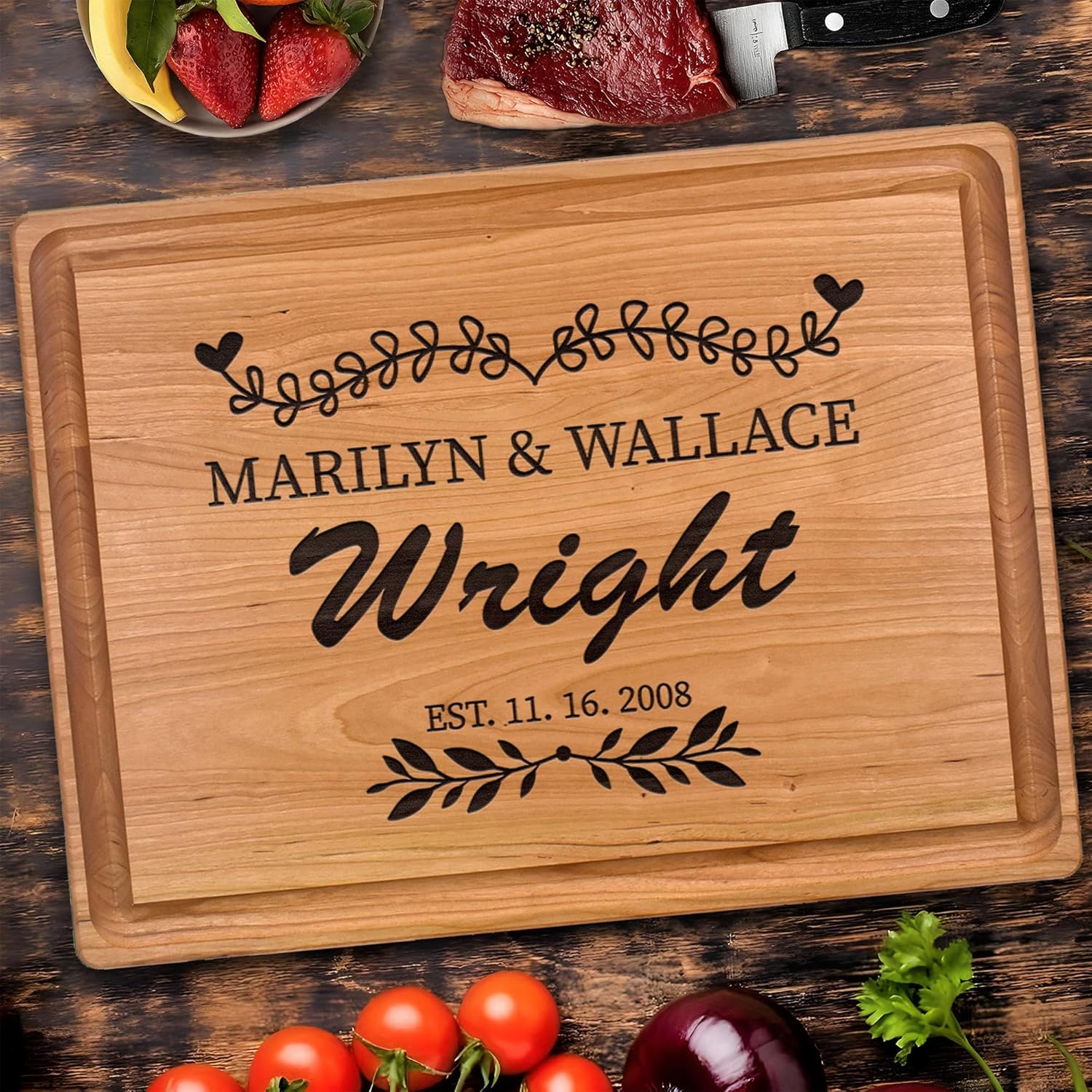 Personalized cutting board – Custom Engraved Name Wooden Cutting Board, Cutting Board for Kitchen, Heavy Duty Chopping Board for Meat, Vegetables, Cheese, House Warming Gift (Cherry)