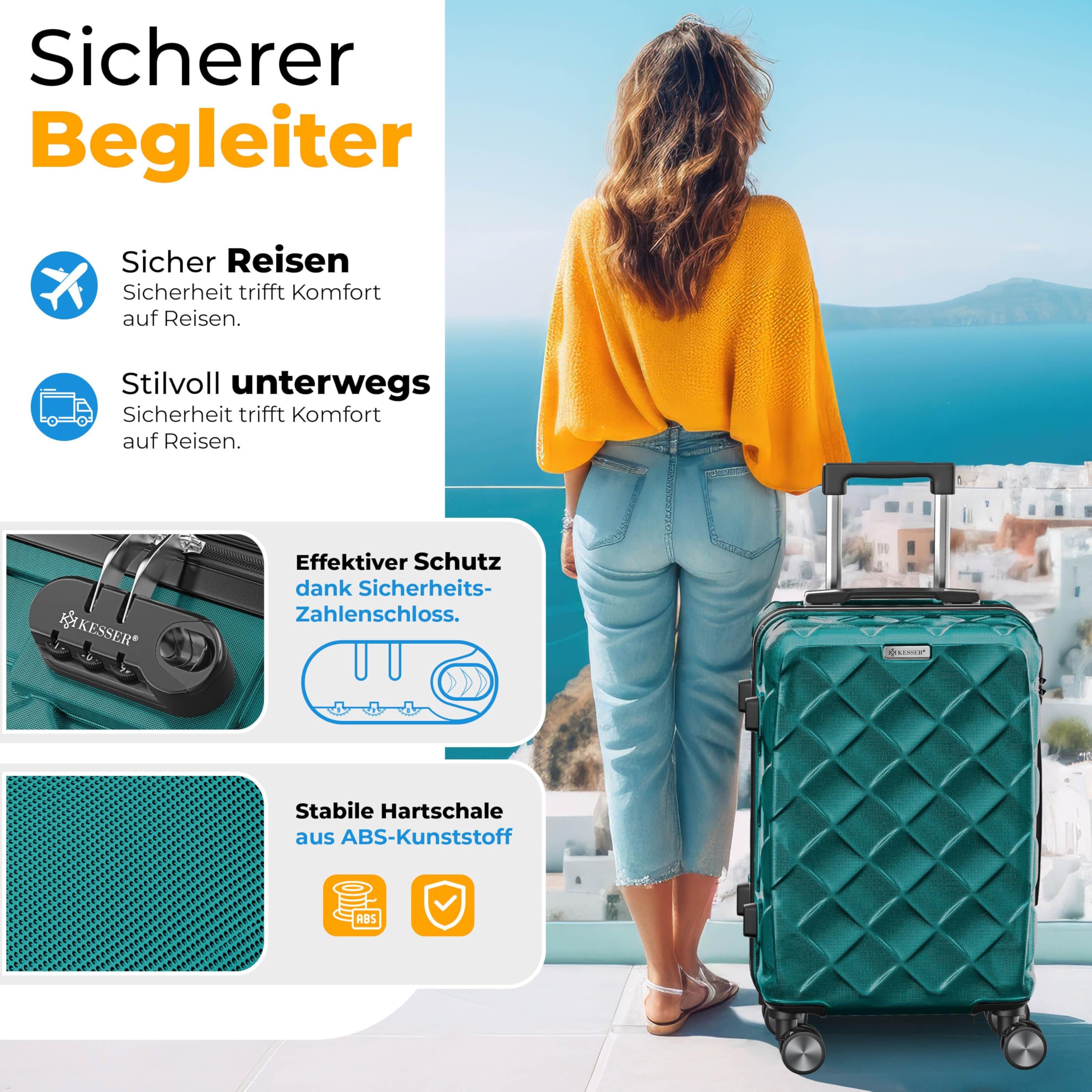 KESSER Valigia da viaggio in ABS rigida con serratura a combinazione, bilancia e portafoglio da viaggio con ruote a 360°, valigetta per business e viaggio, Petrol Teal, 75cm - 120L, Classico