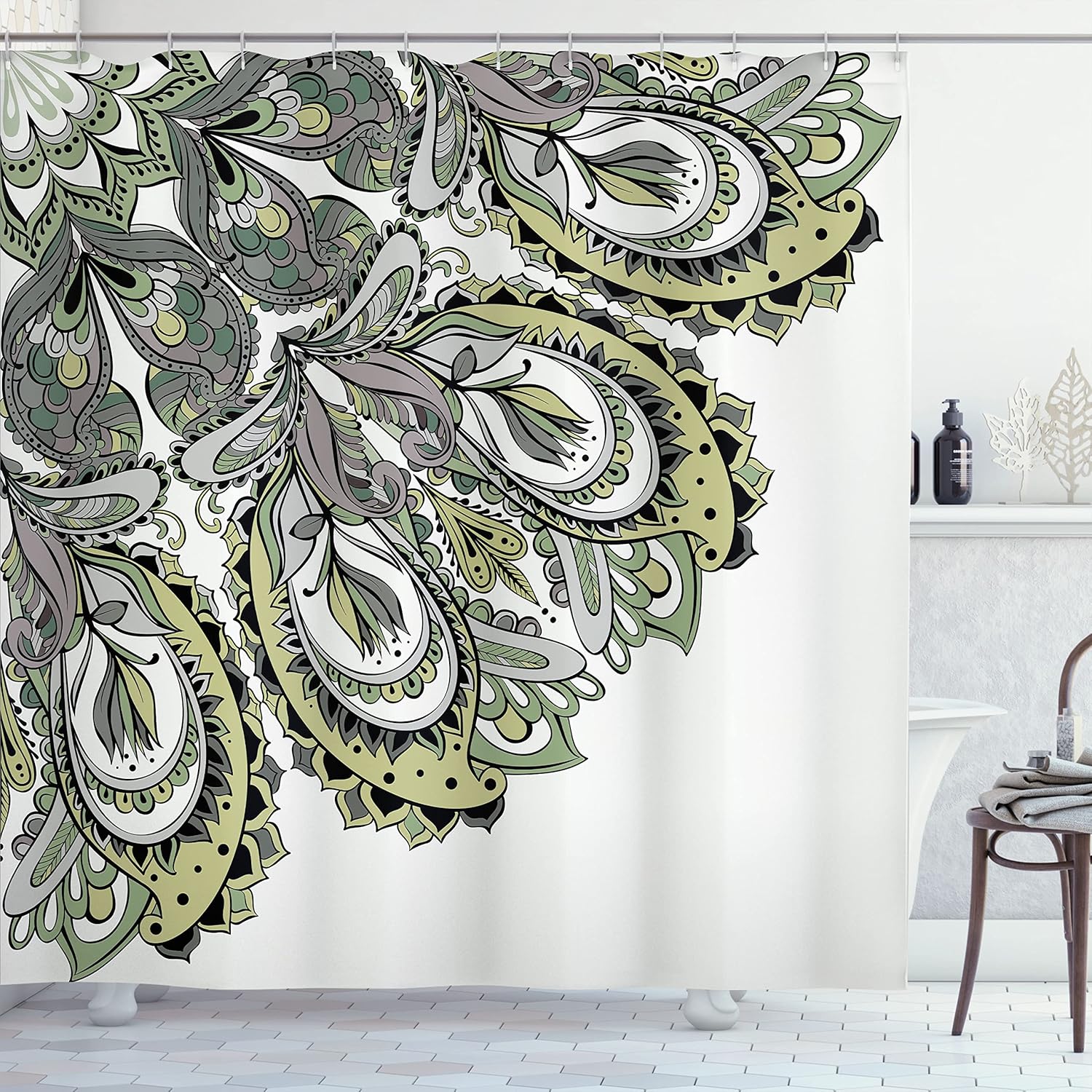 Ambesonne Mandala Shower Curtain, Edge of Mandala Pattern Detailed Paisley Mystic Traditional Design, Cloth Fabric Bathroom Decor Set with Hooks, 69" W x 70" L, Pale Green